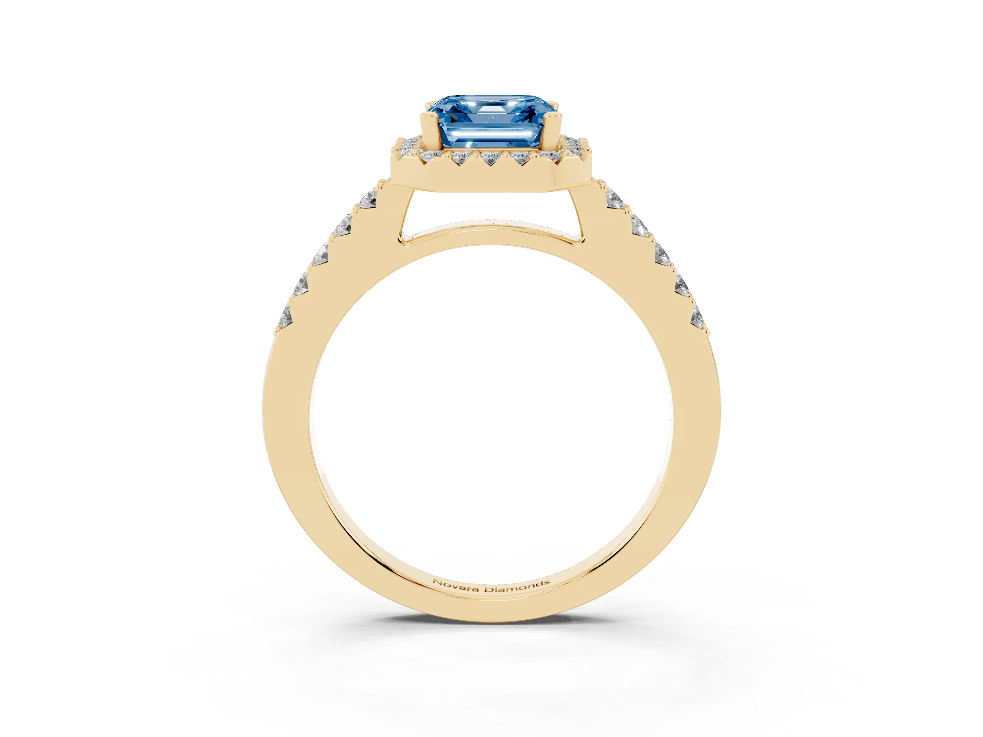 Fancy Blue Asscher Cut Diamond Halo Pavé Solitaire Ring Set in Yellow gold with Prong-Set Center Stone