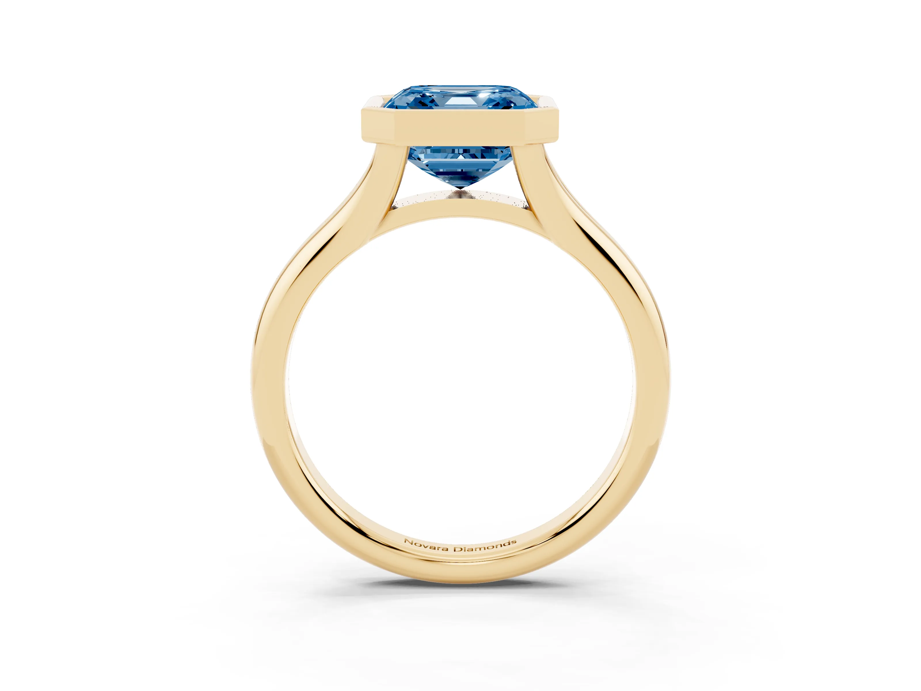 Fancy Blue Bezel Set Asscher Cut Diamond Solitaire Ring Set in Yellow gold with Smooth Band