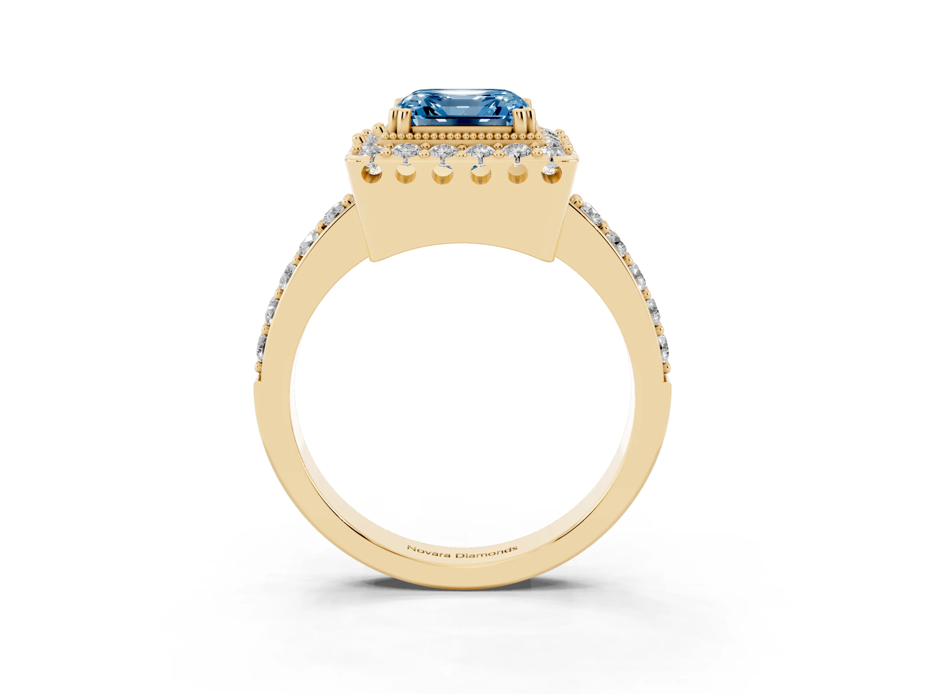 Fancy Blue Asscher Cut Diamond Halo Ring Set in Yellow gold with Pavé Shank and Prong Setting