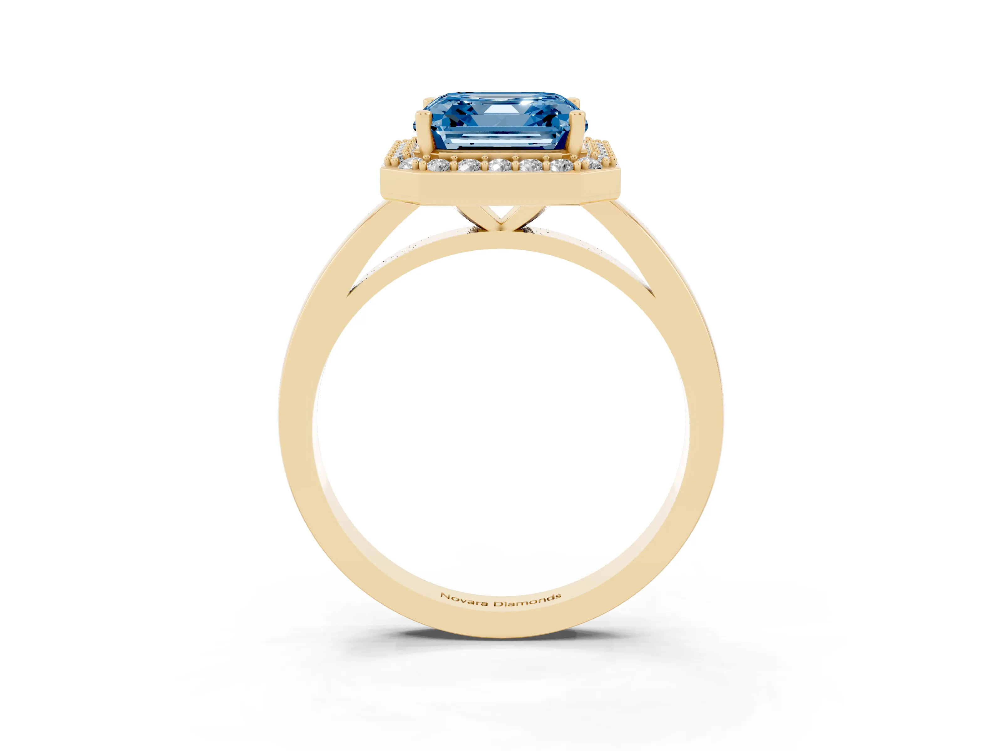 Fancy Blue Asscher Cut Diamond Halo Ring Set in Yellow gold with Solitaire Band and Prong Setting
