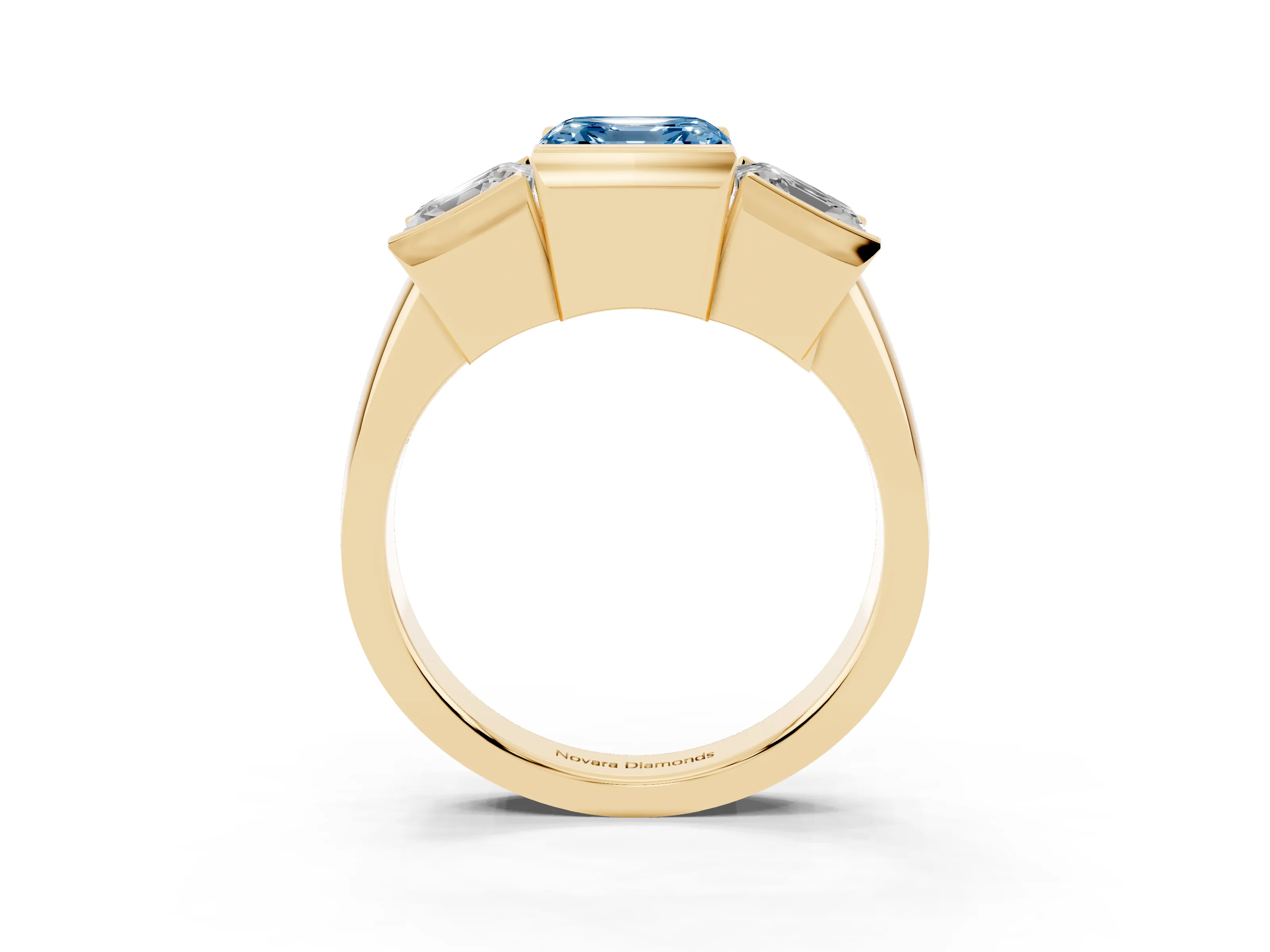 Fancy Blue Asscher Cut Diamond Three-Stone Channel Set Ring Set in Yellow gold with Smooth Polished Band