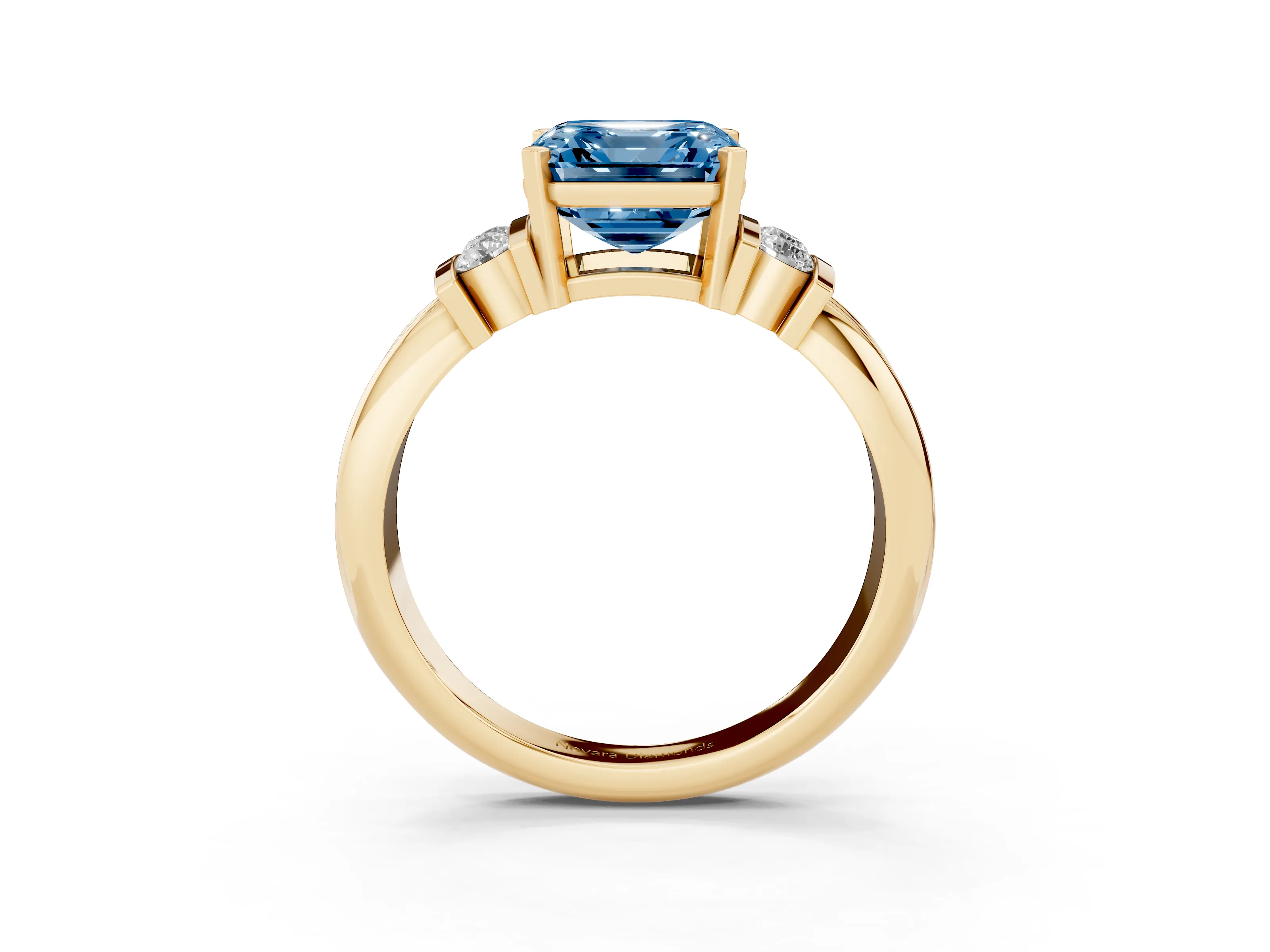 Fancy Blue Three-Stone Asscher Cut Diamond Channel Set Ring Set in Yellow gold with Bar Prongs
