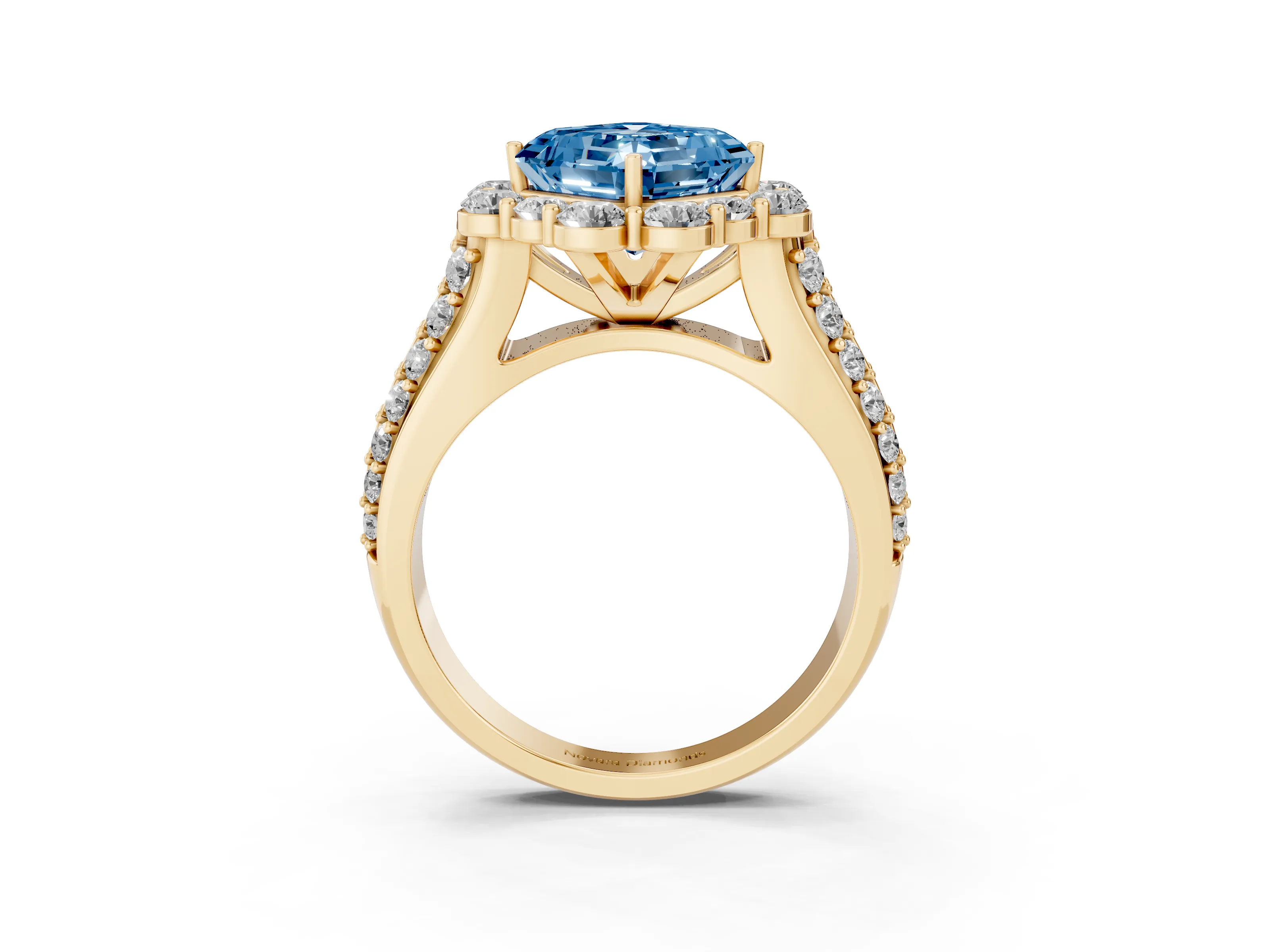 Fancy Blue Asscher Cut Diamond Halo Engagement Ring Set in Yellow gold with Split Shank and Prong Setting