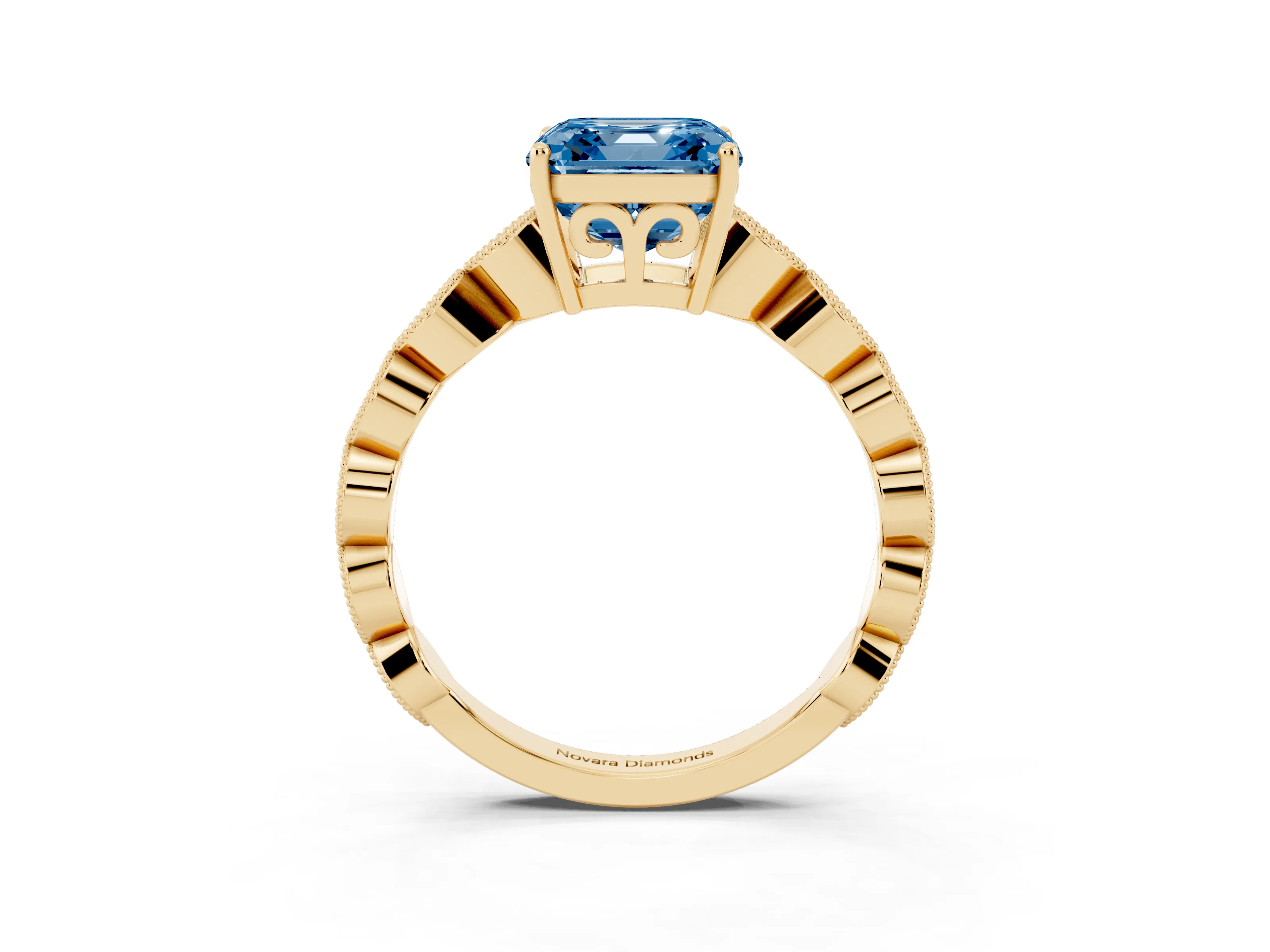 Fancy Blue Asscher Cut Diamond Solitaire Ring Set in Yellow gold with Infinity Twist Pavé Band