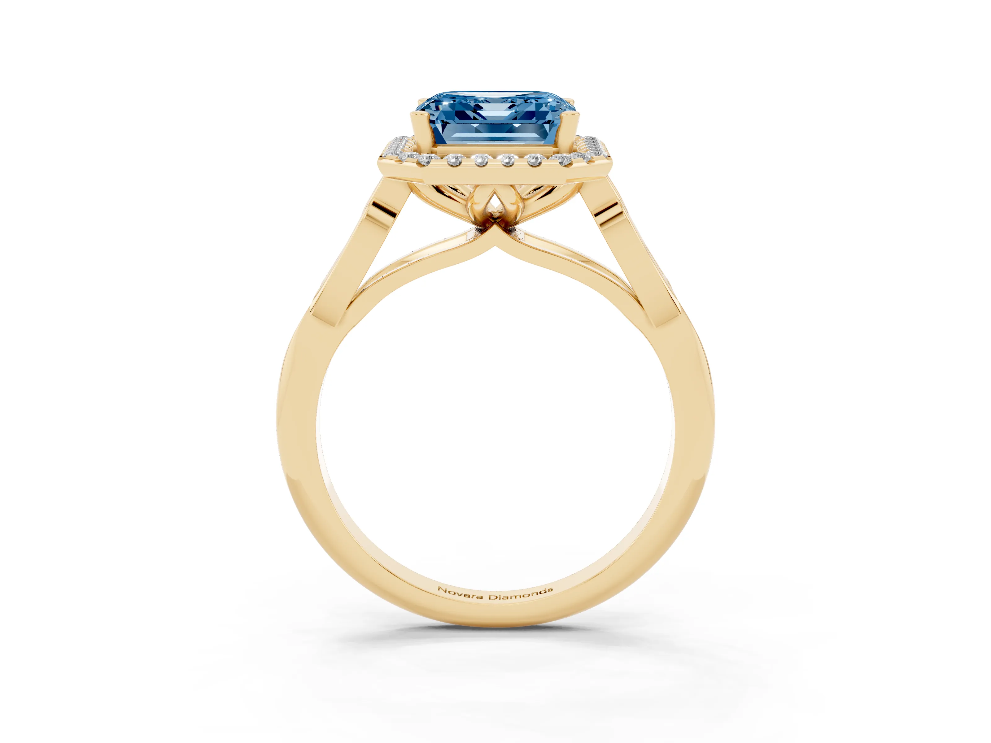 Fancy Blue Asscher Cut Diamond Halo Engagement Ring Set in Yellow gold with Filigree Band and Prong-Set Center