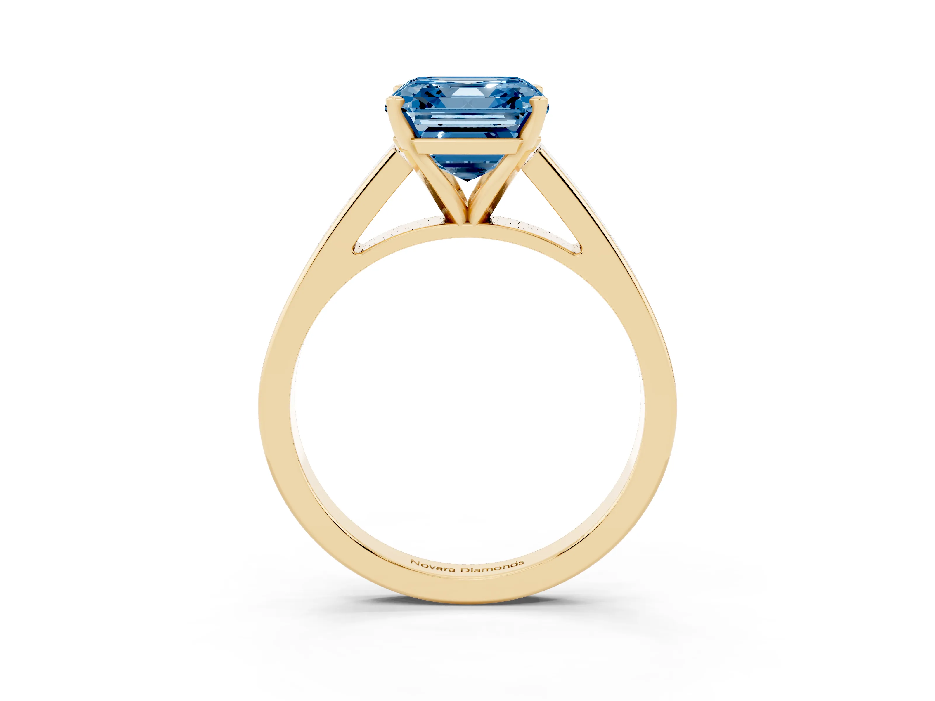 Fancy Blue Asscher Cut Diamond Solitaire Engagement Ring Set in Yellow gold with Prong Setting and Tapered Band