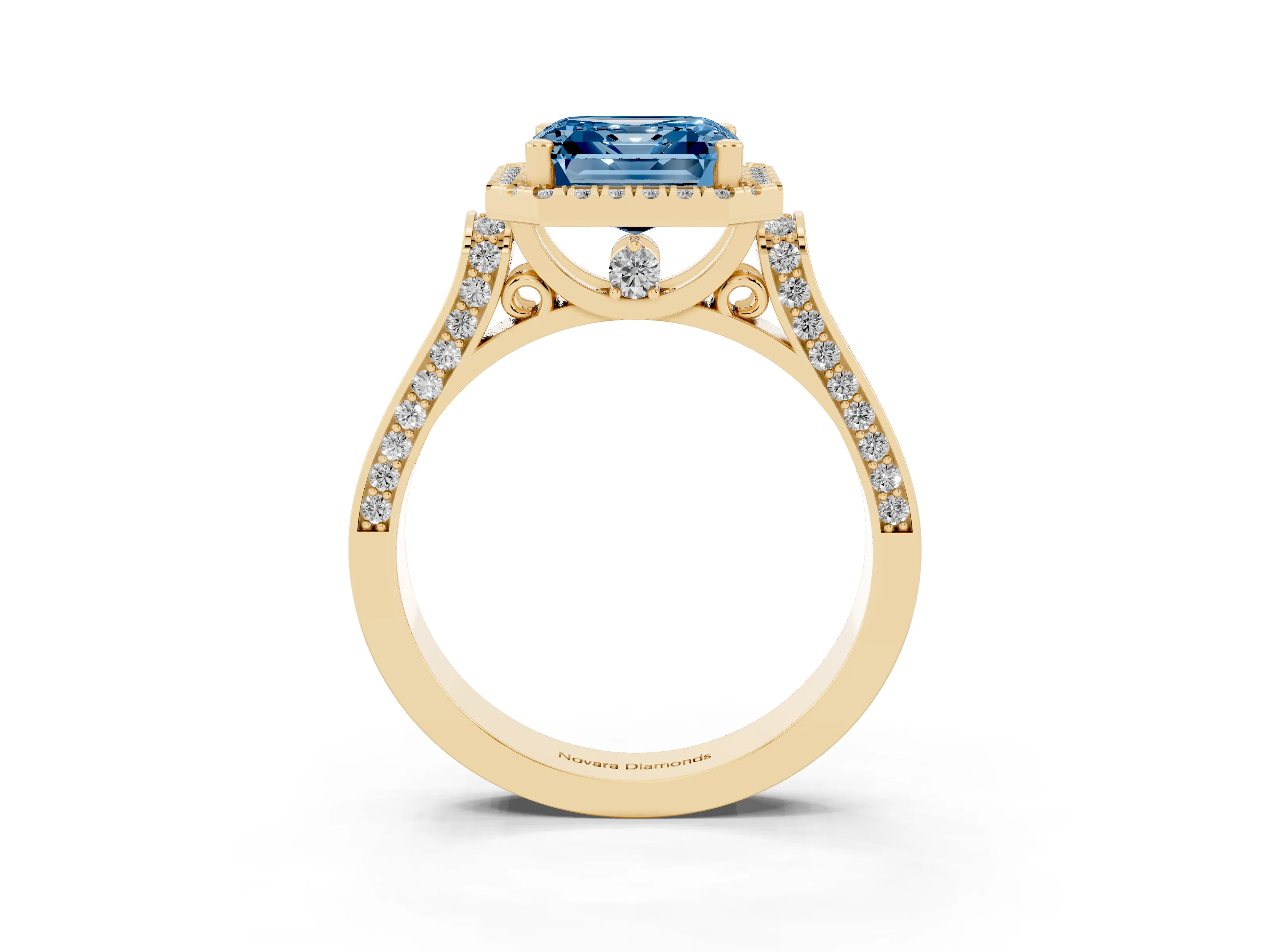 Fancy Blue Asscher Cut Diamond Halo Ring Set in Yellow gold with Pavé-Lined Split Shank Band