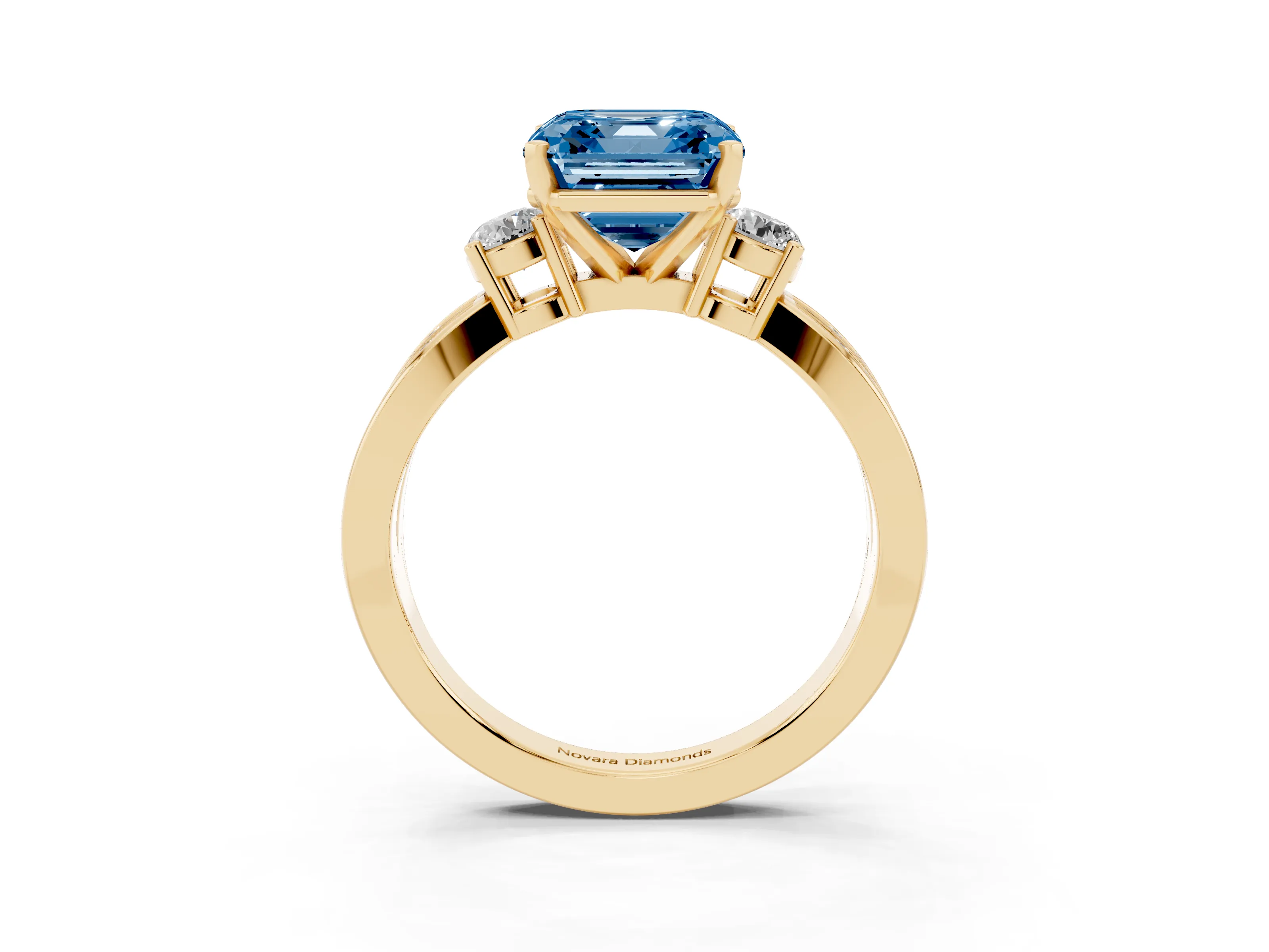 Fancy Blue Three-Stone Asscher Cut Diamond Twist Band Ring Set in Yellow gold with Pavé Accents and Prong Setting