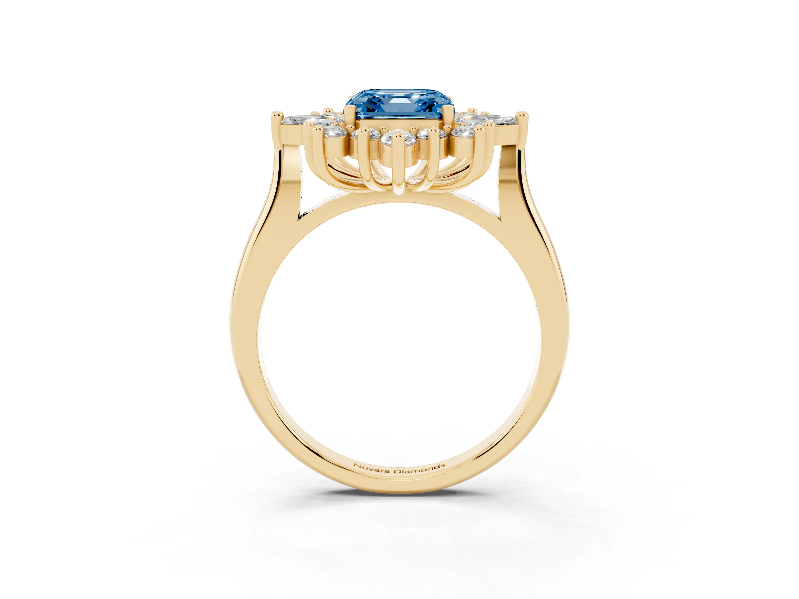Fancy Blue Asscher Cut Diamond Cluster Halo Ring Set in Yellow gold with Marquise and Round Accents