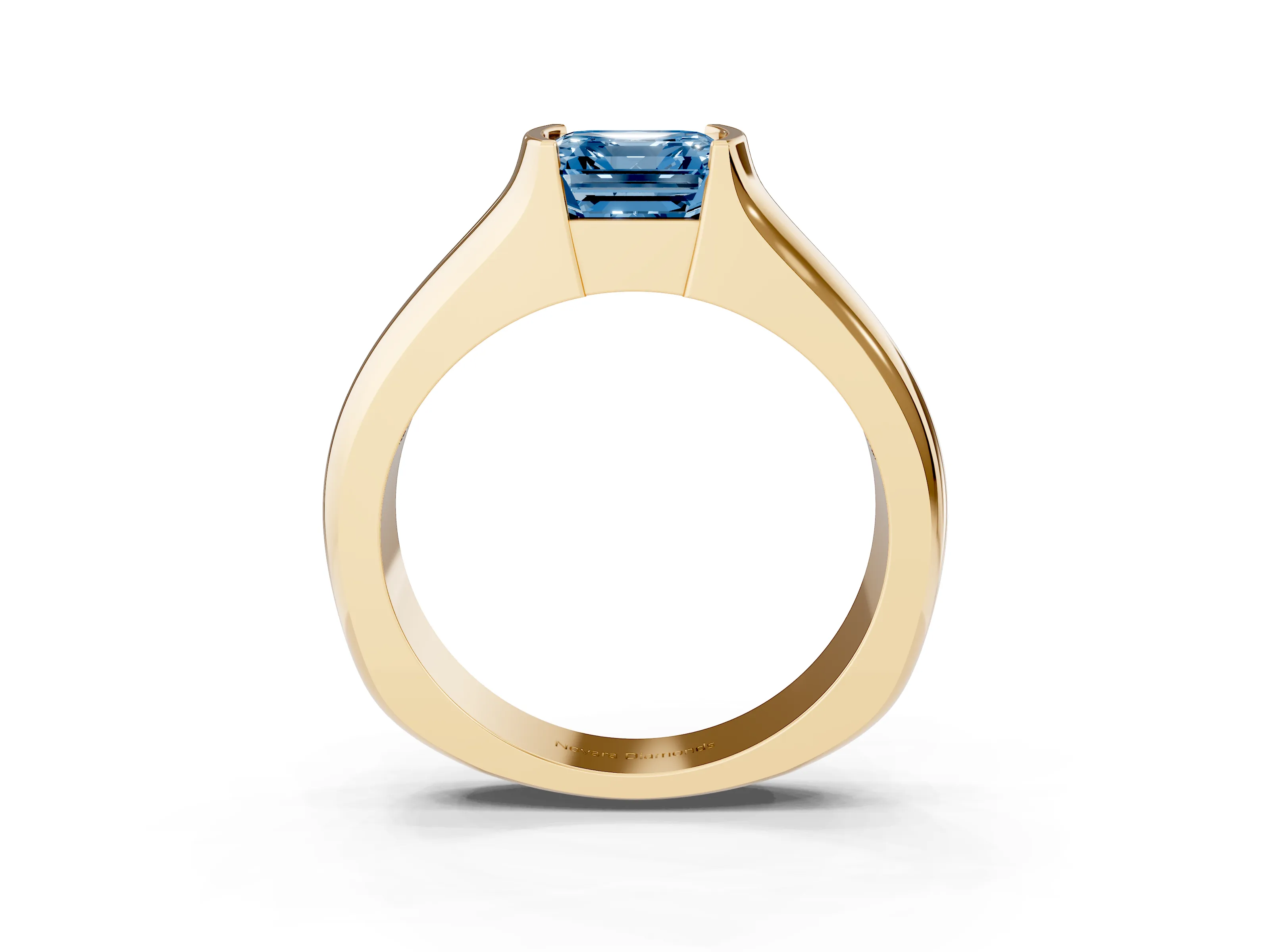 Fancy Blue Asscher Cut Diamond Bezel Solitaire Ring Set in Yellow gold with Wide Band