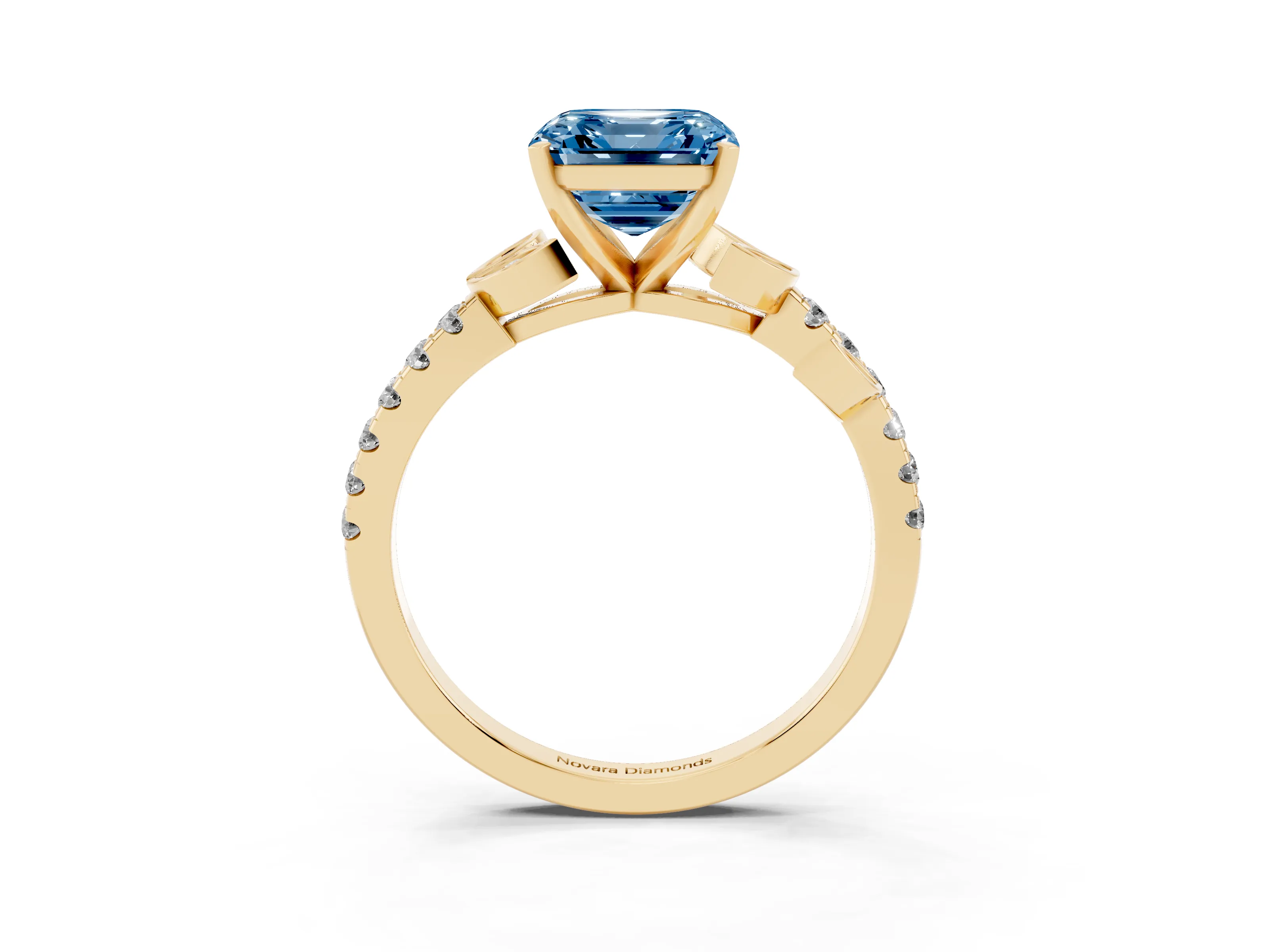 Fancy Blue Asscher Cut Diamond Solitaire Leaf-Inspired Ring Set in Yellow gold with Pavé Band and Prong Setting
