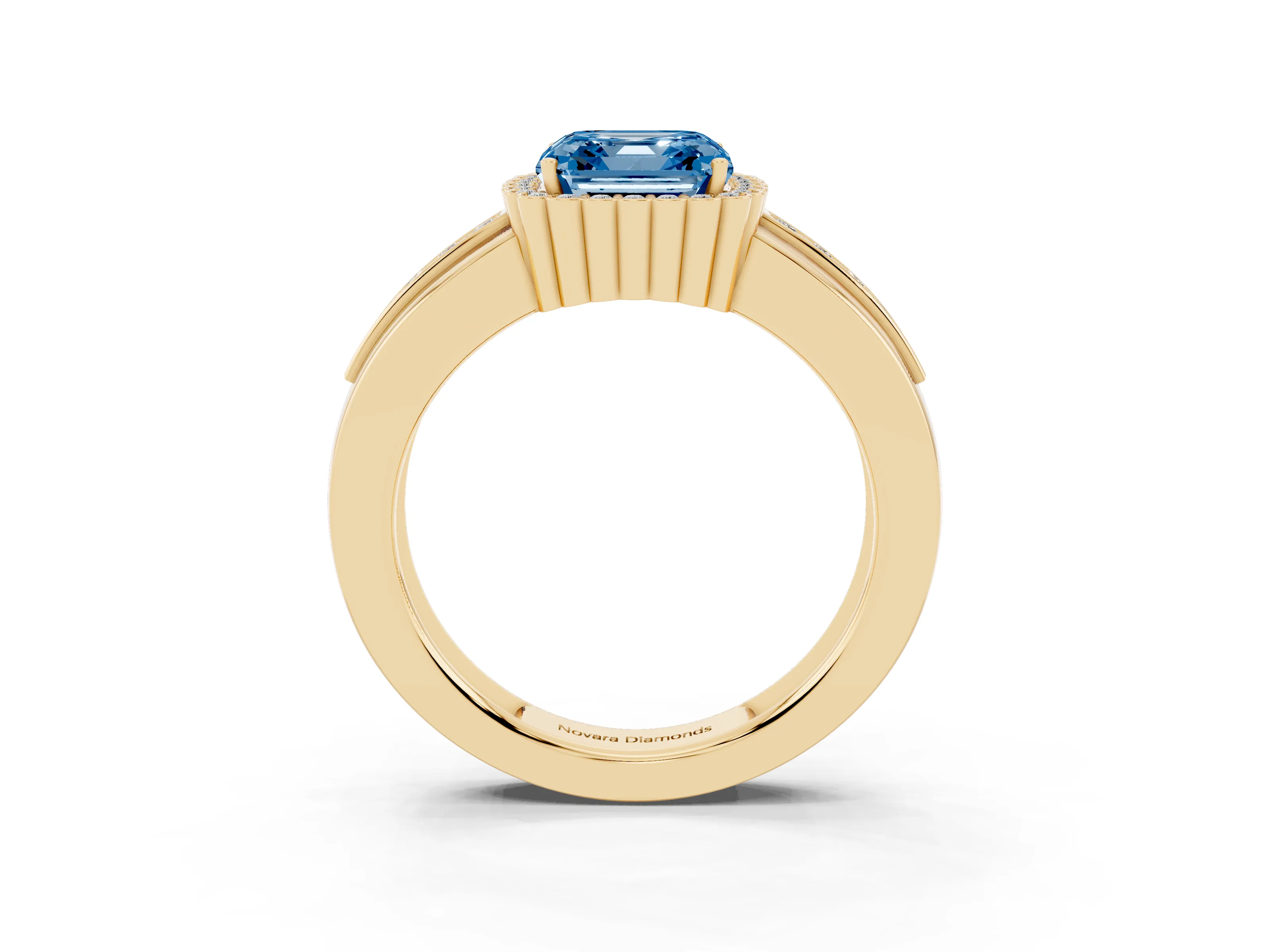 Fancy Blue Asscher Cut Diamond Halo Prong Ring Set in Yellow gold with Pavé Band
