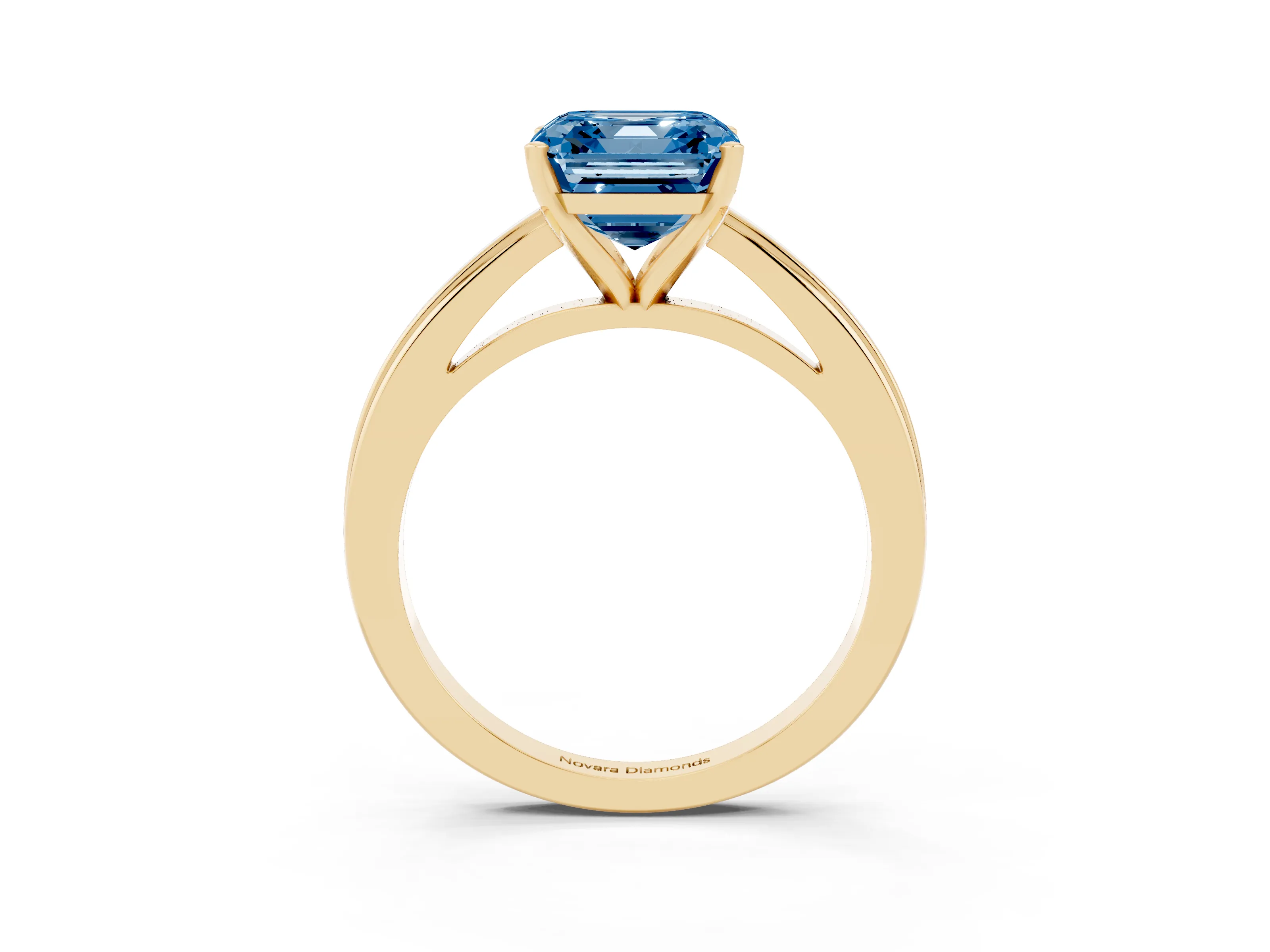 Fancy Blue Asscher Cut Diamond Solitaire Ring Set in Yellow gold with Prong Setting and Classic Band
