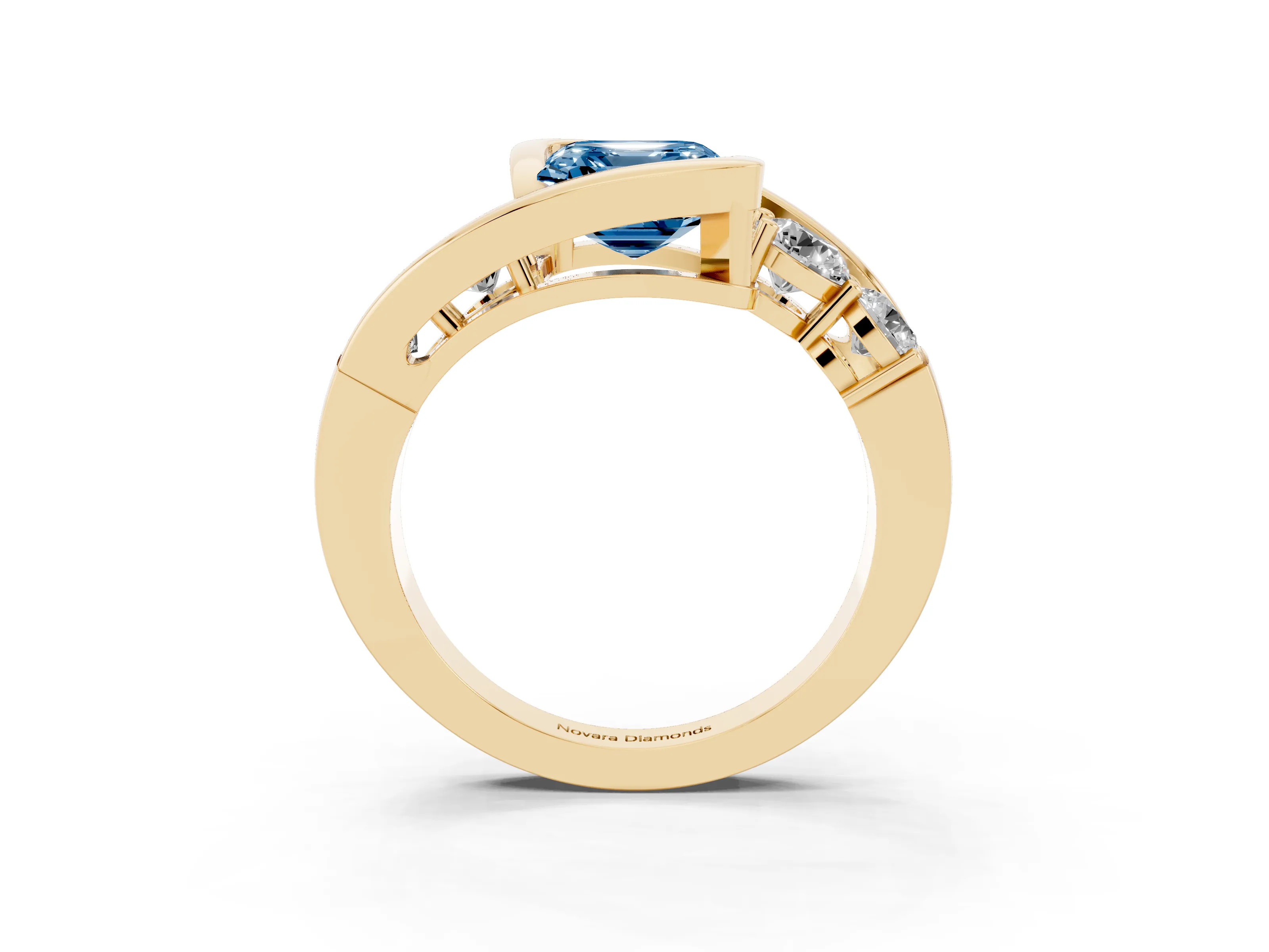 Fancy Blue Asscher Cut Diamond Bezel Bypass Ring Set in Yellow gold with Round Accents