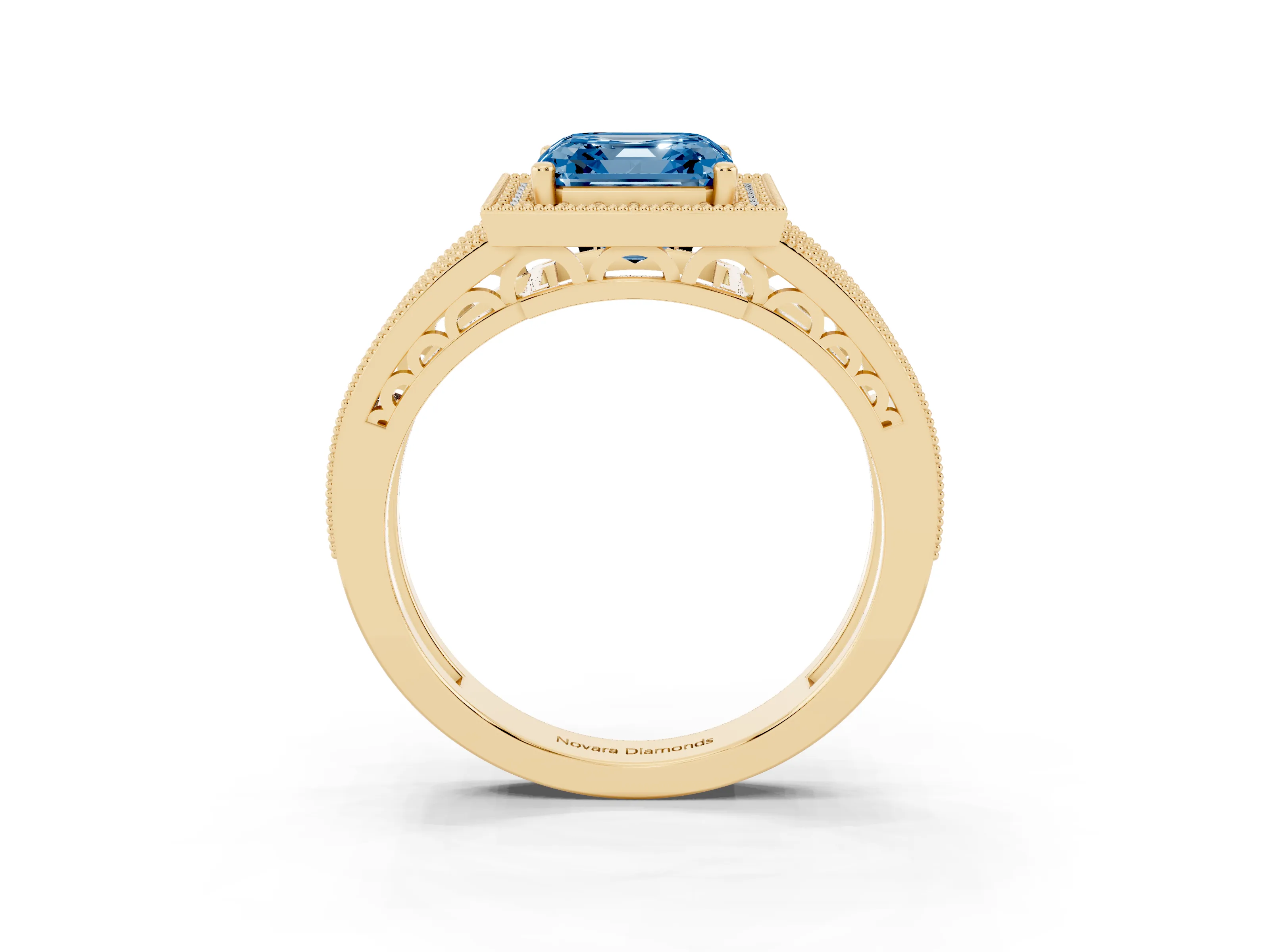 Fancy Blue Asscher Cut Diamond Halo Ring Set in Yellow gold with Accent Split Shank and Prong Setting