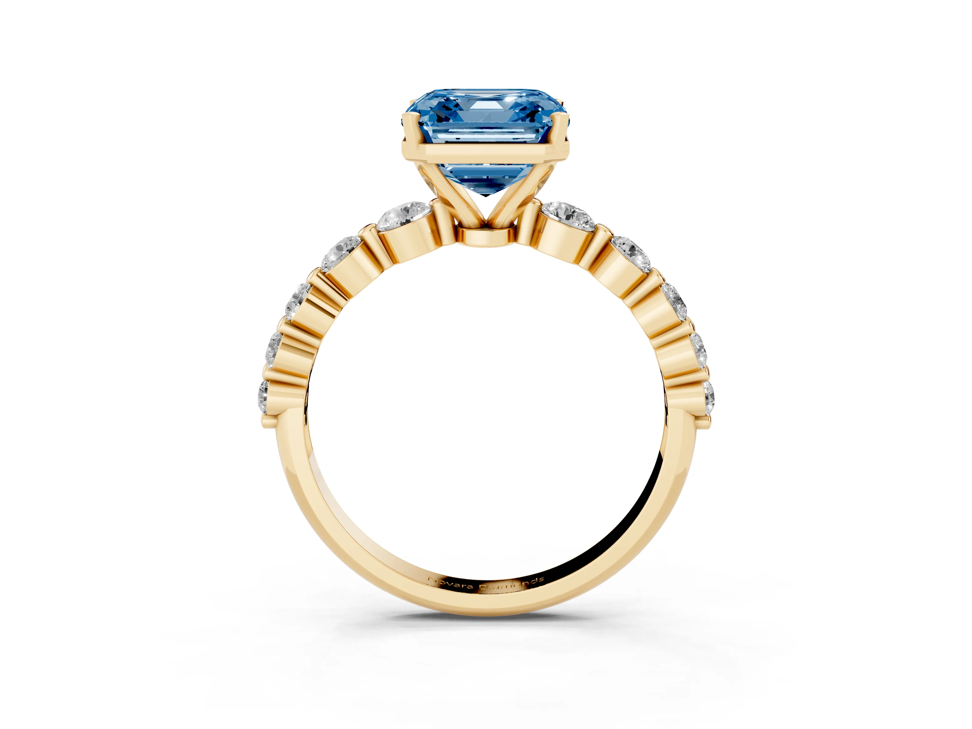 Fancy Blue Asscher Cut Diamond Solitaire Ring Set in Yellow gold with Pavé Band and Prong Setting