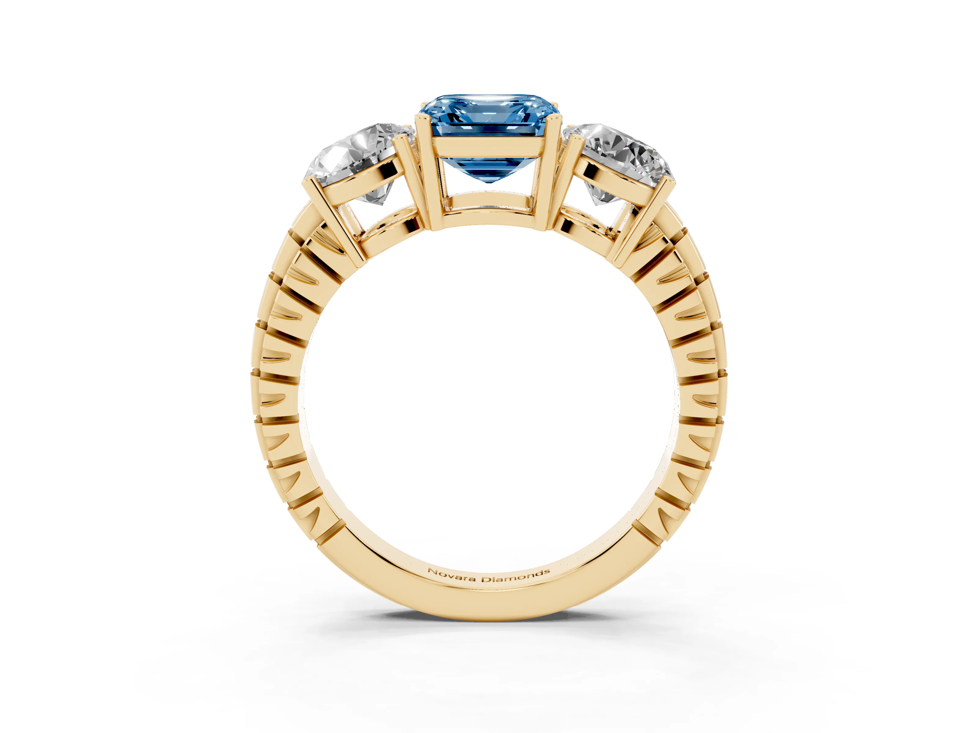 Fancy Blue Asscher Cut Diamond Three-Stone Ring Set in Yellow gold with Channel-Set Accent Band