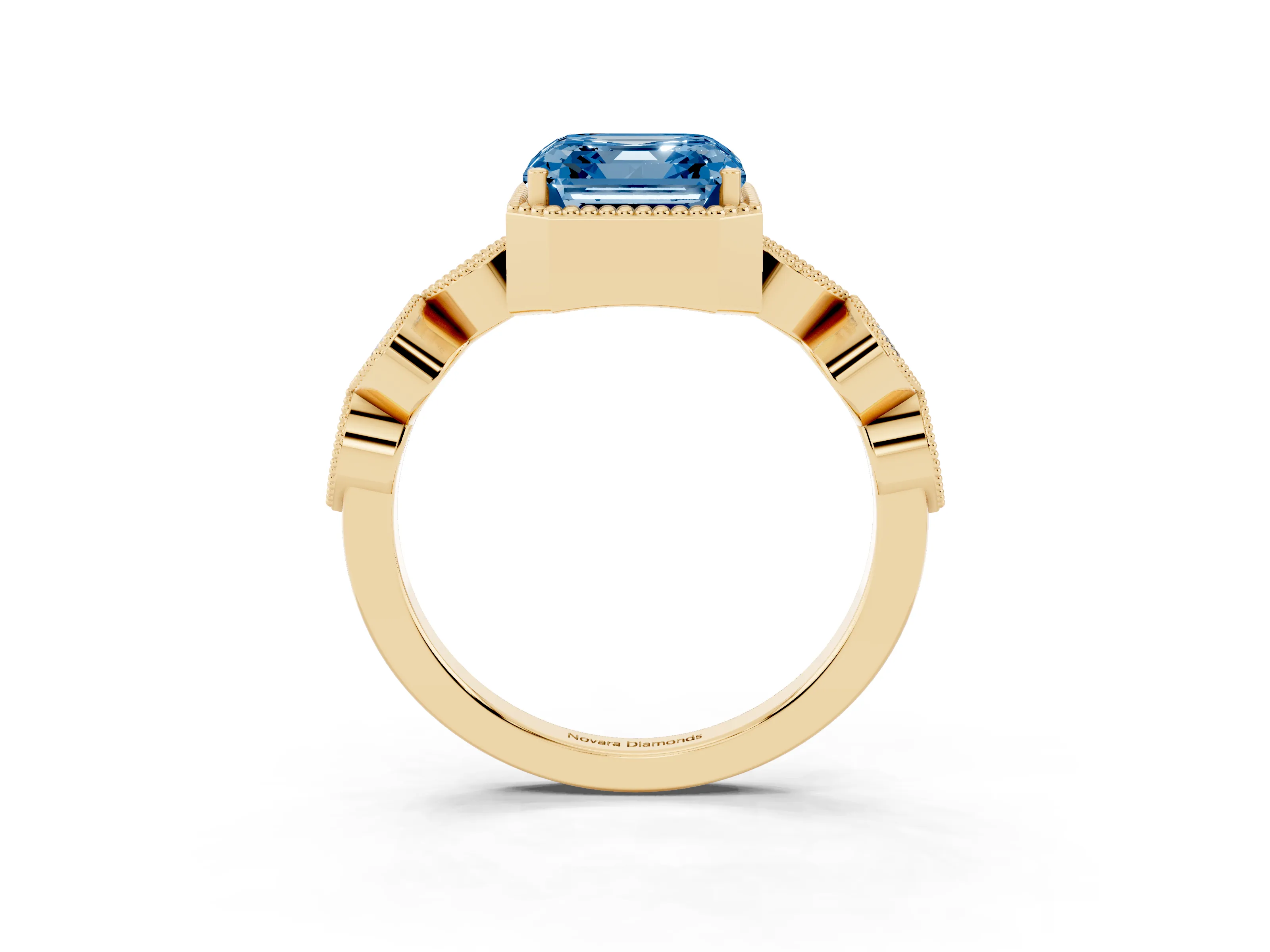 Fancy Blue Asscher Cut Diamond Vintage-Inspired Milgrain Ring Set in Yellow gold with Marquise Stations of Round Accents