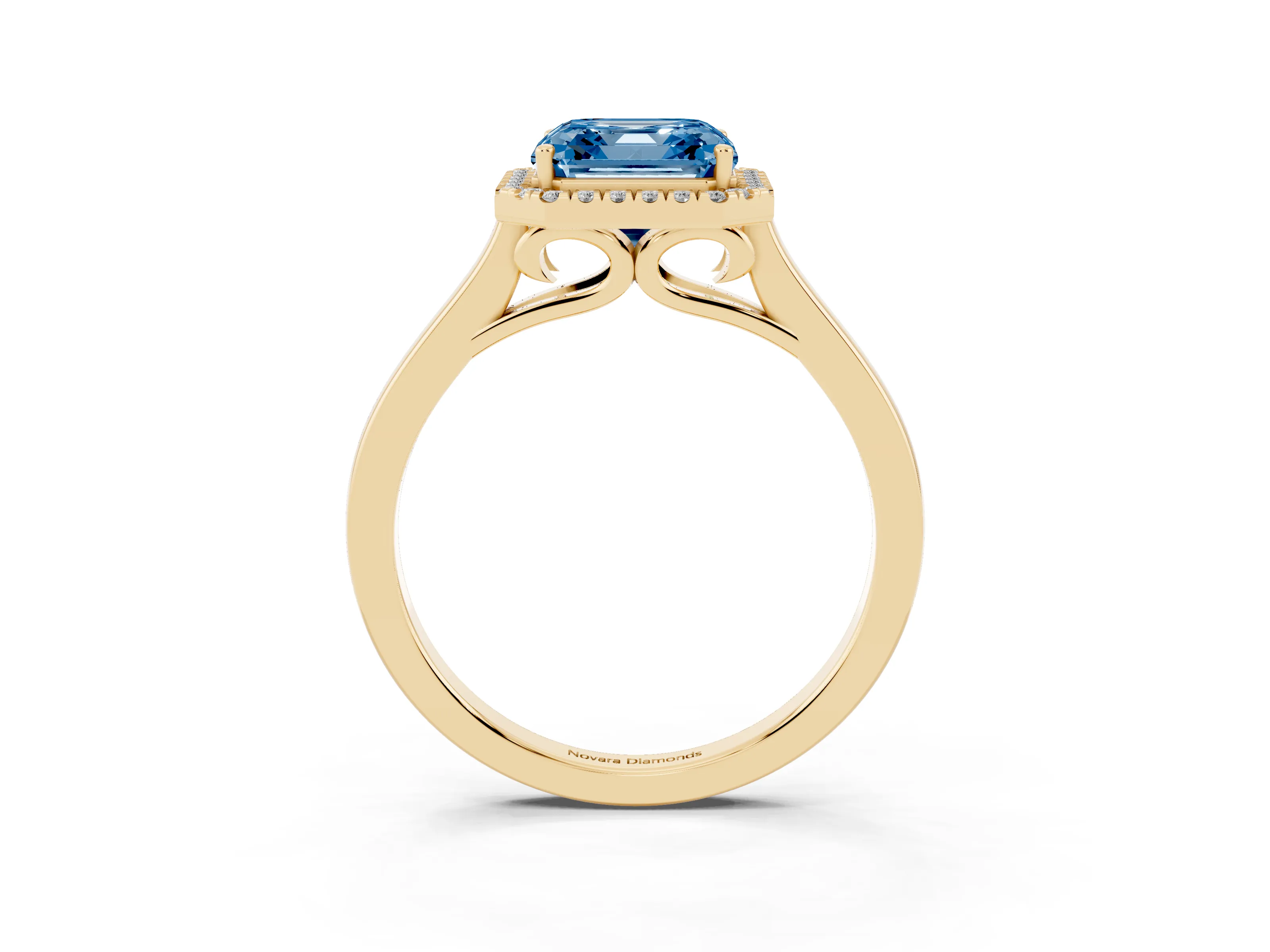 Fancy Blue Asscher Cut Halo Round Diamond Solitaire Ring Set in Yellow gold with Pavé Band and Prong Setting