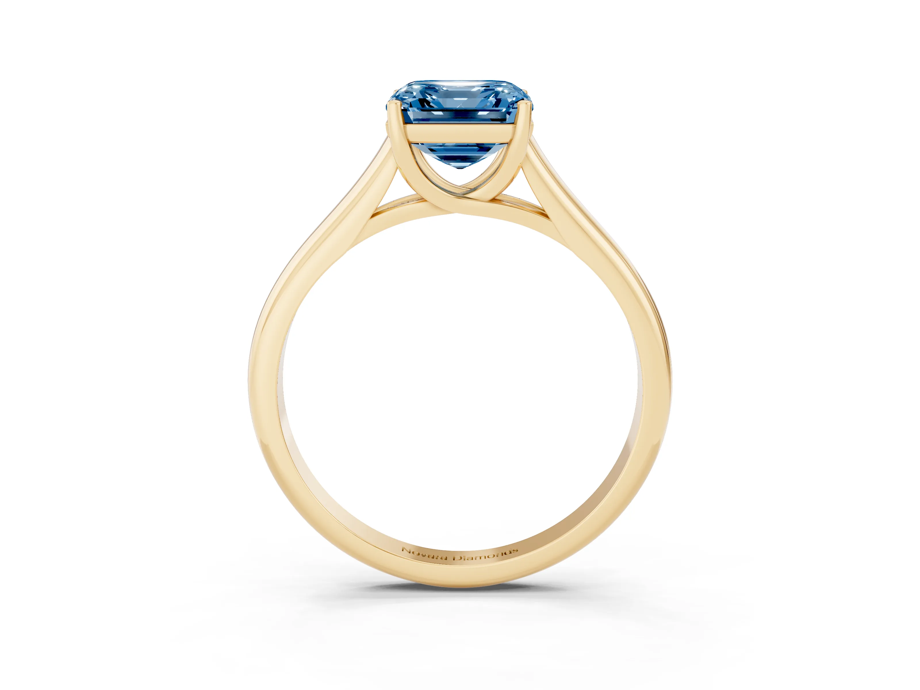 Fancy Blue Asscher Cut Diamond Solitaire Engagement Ring Set in Yellow gold with Subtly Tapered Band and Prong Setting