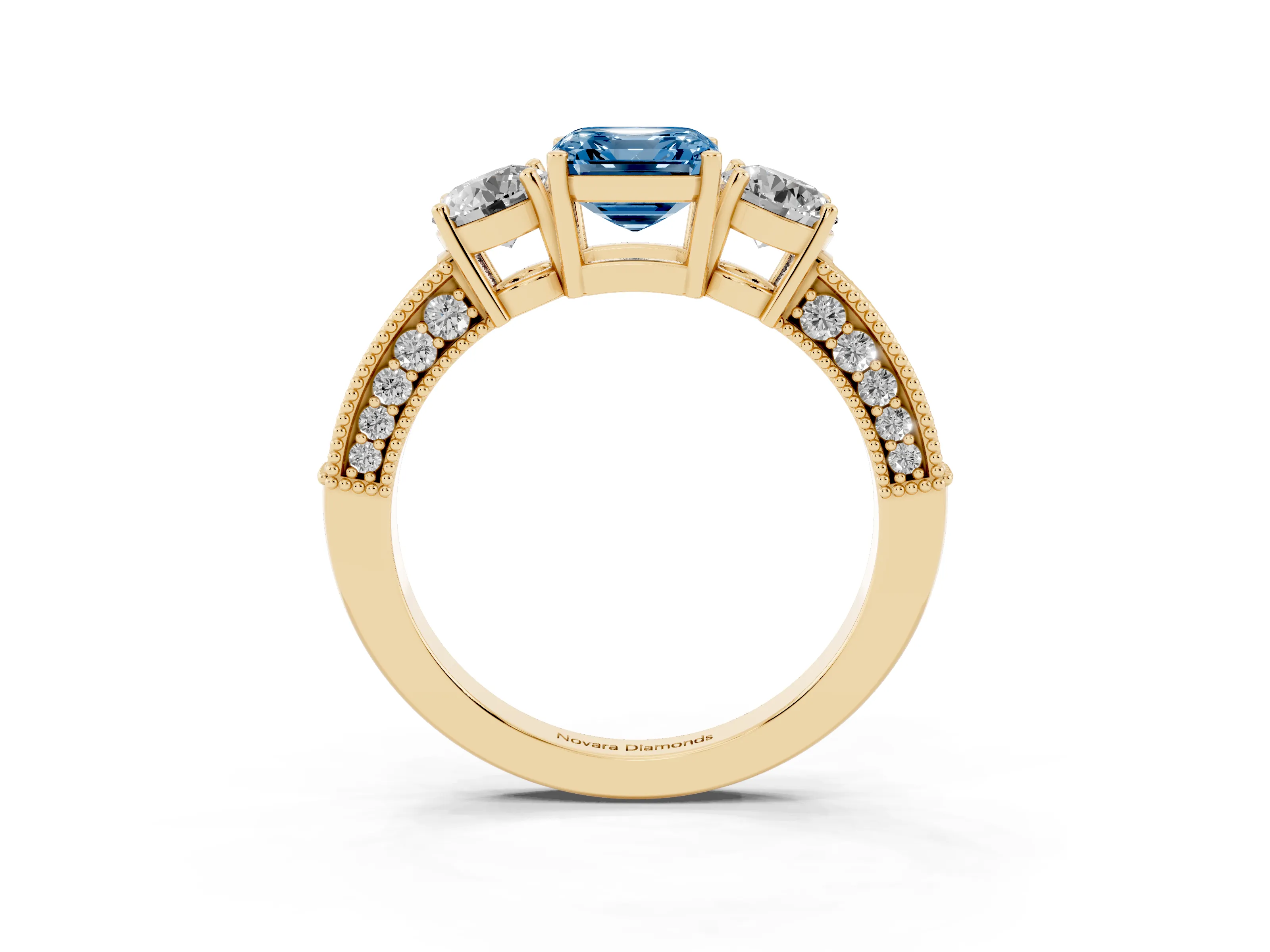 Fancy Blue Asscher Cut Diamond Three-Stone Ring Set in Yellow gold with Round Side Stones and Pavé Band
