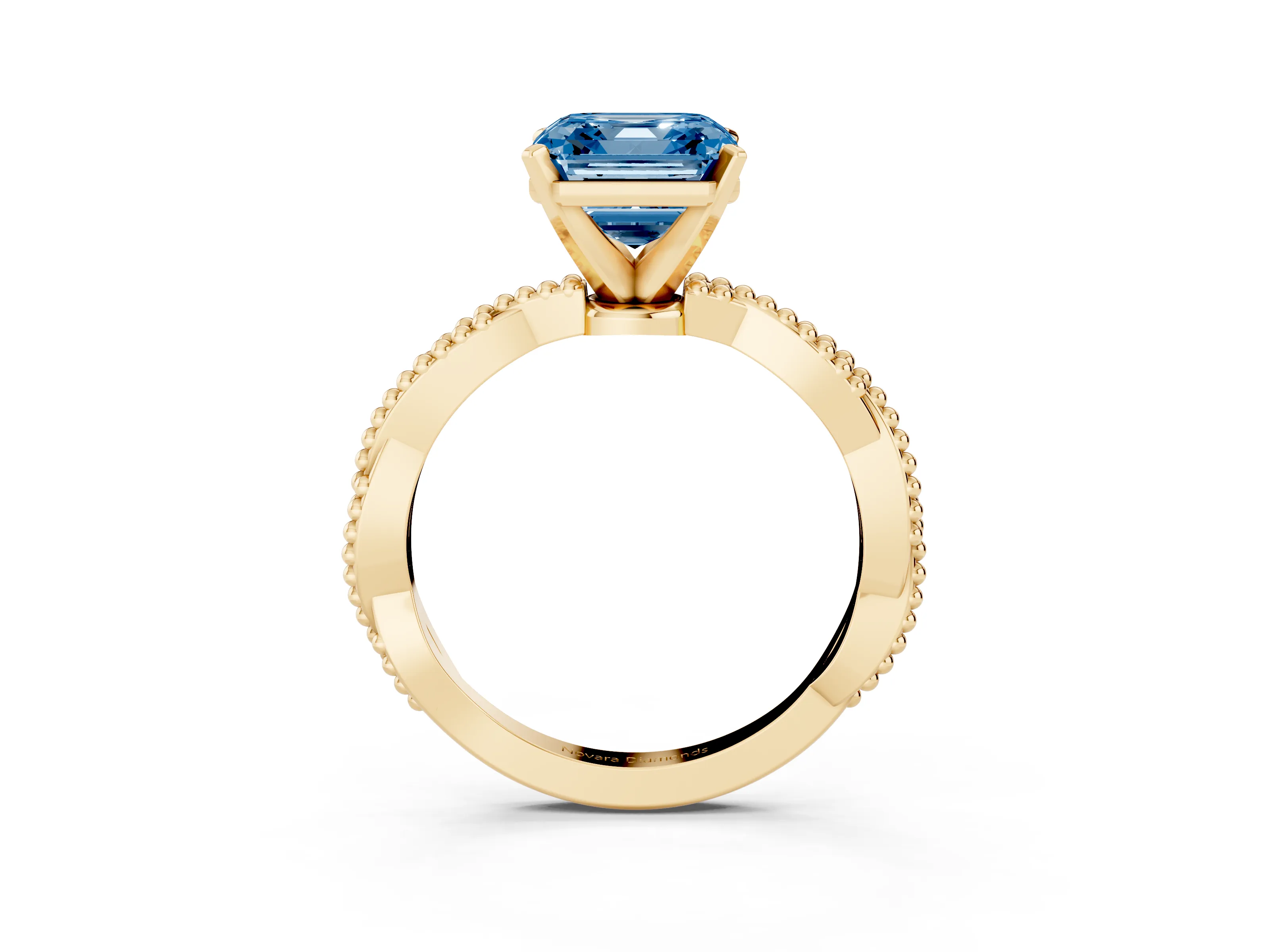 Fancy Blue Asscher Cut Diamond Solitaire Ring Set in Yellow gold with Twisted Band and Bead Prong Setting
