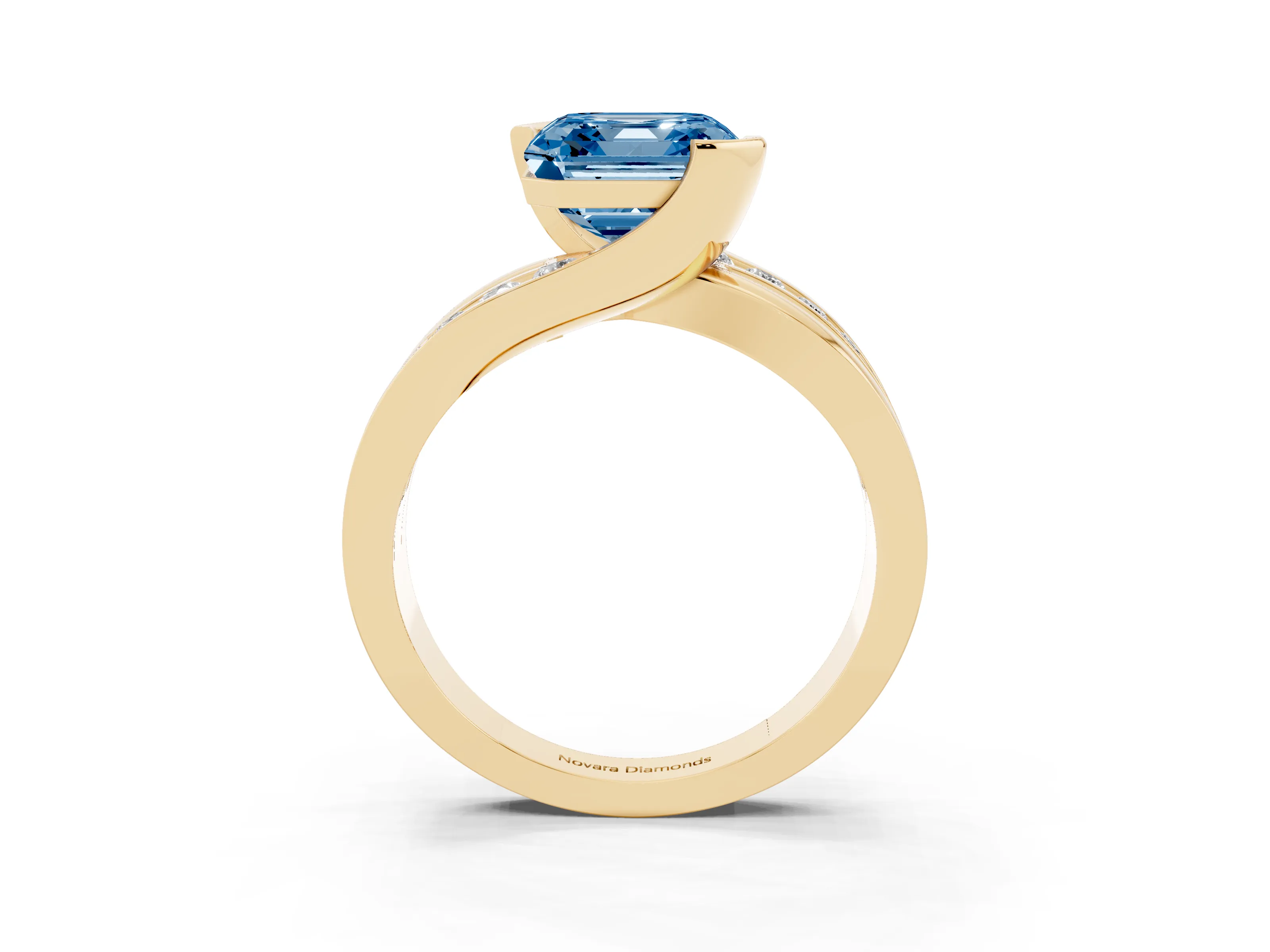 Fancy Blue Asscher Cut Diamond Solitaire Ring Set in Yellow gold with Channel Set Split Shank and Tension Prongs