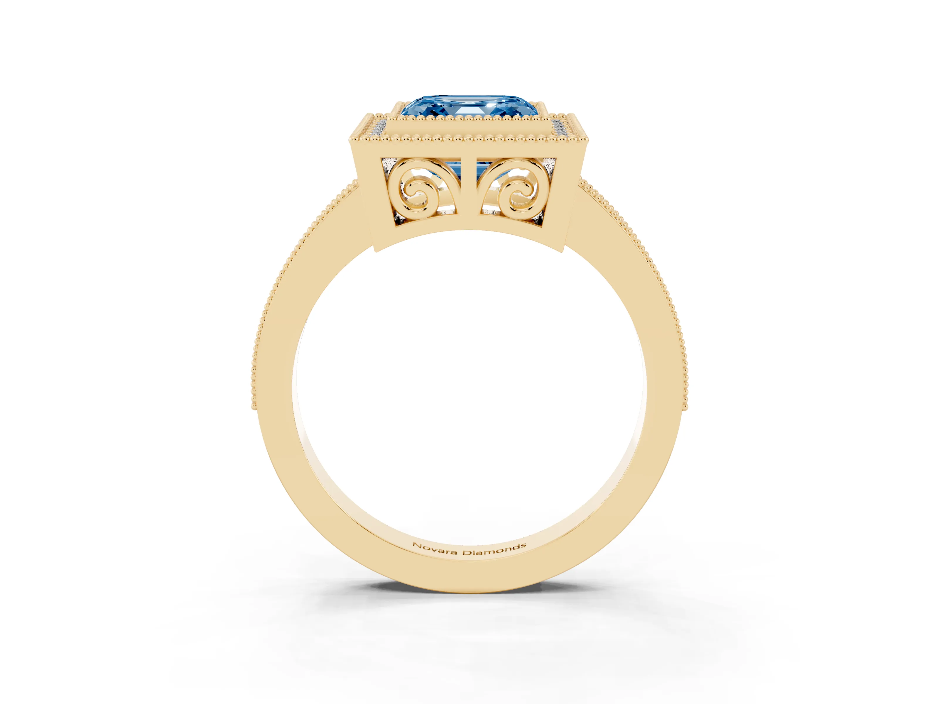 Fancy Blue Asscher Cut Diamond Round Halo Ring Set in Yellow gold with Pavé Band