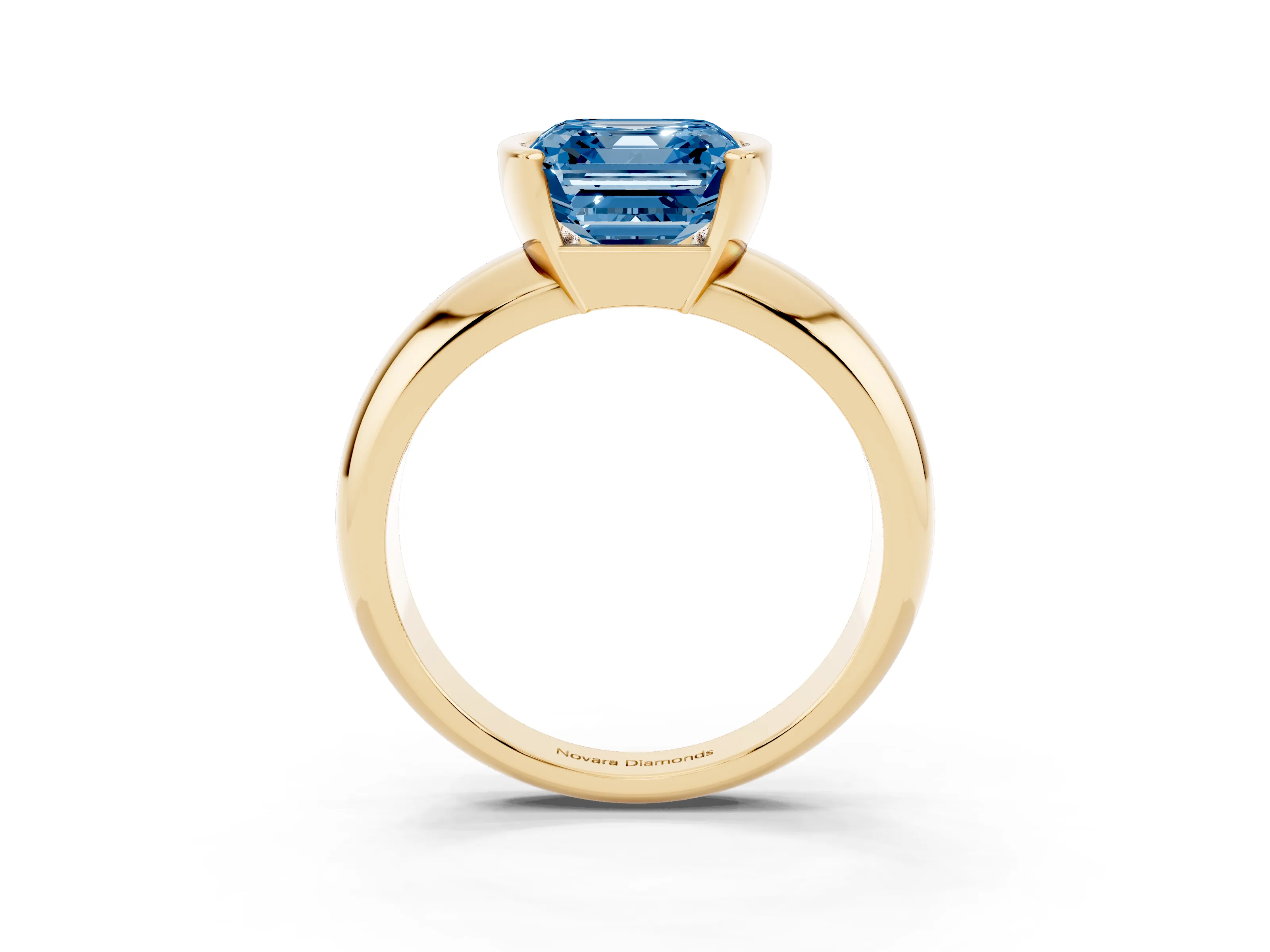 Fancy Blue Asscher Cut Diamond Solitaire Tension Set Ring Set in Yellow gold with Wide Band