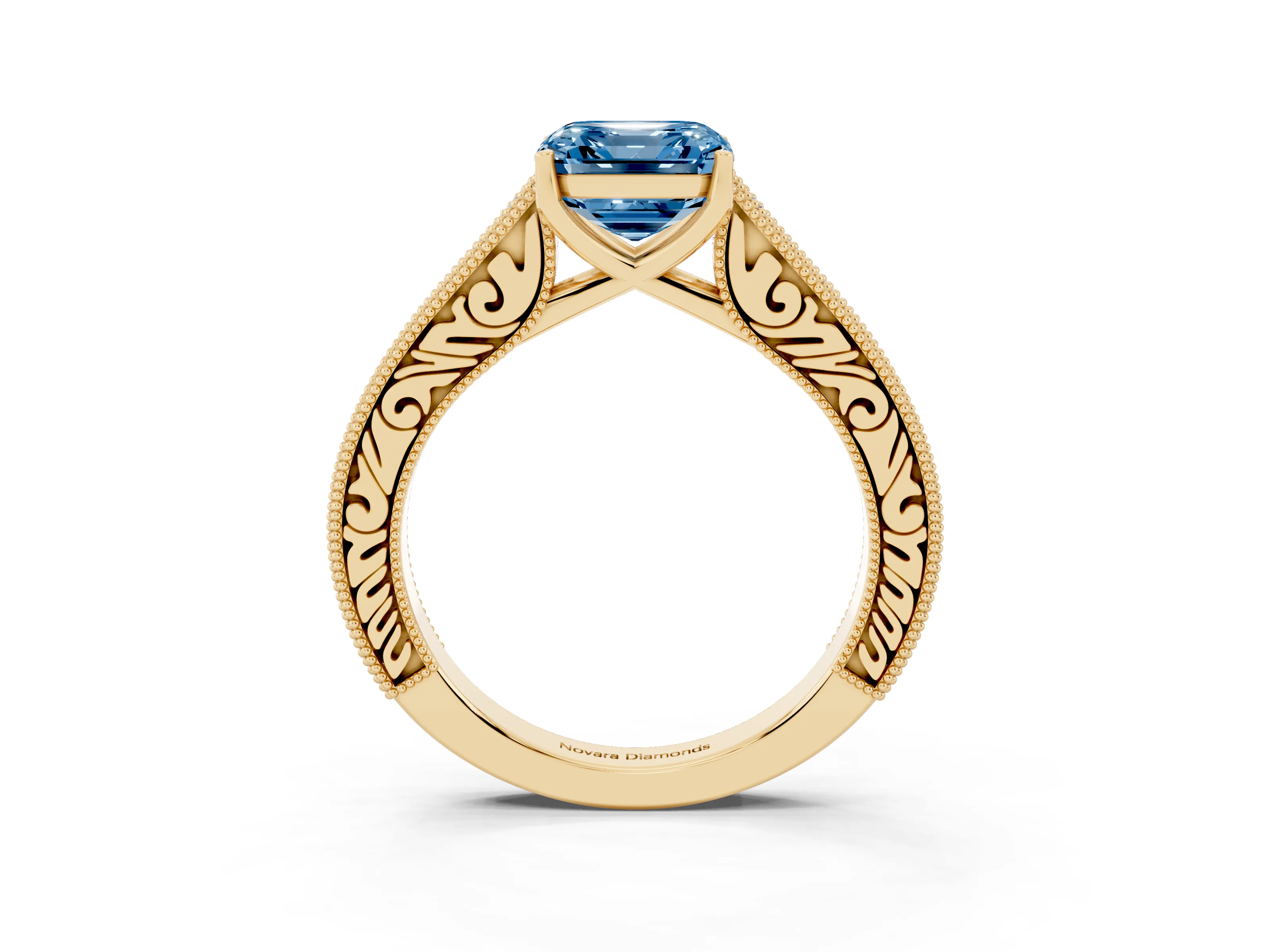 Fancy Blue Asscher Cut Diamond Milgrain Pavé Band Solitaire Ring Set in Yellow gold with Prong Setting