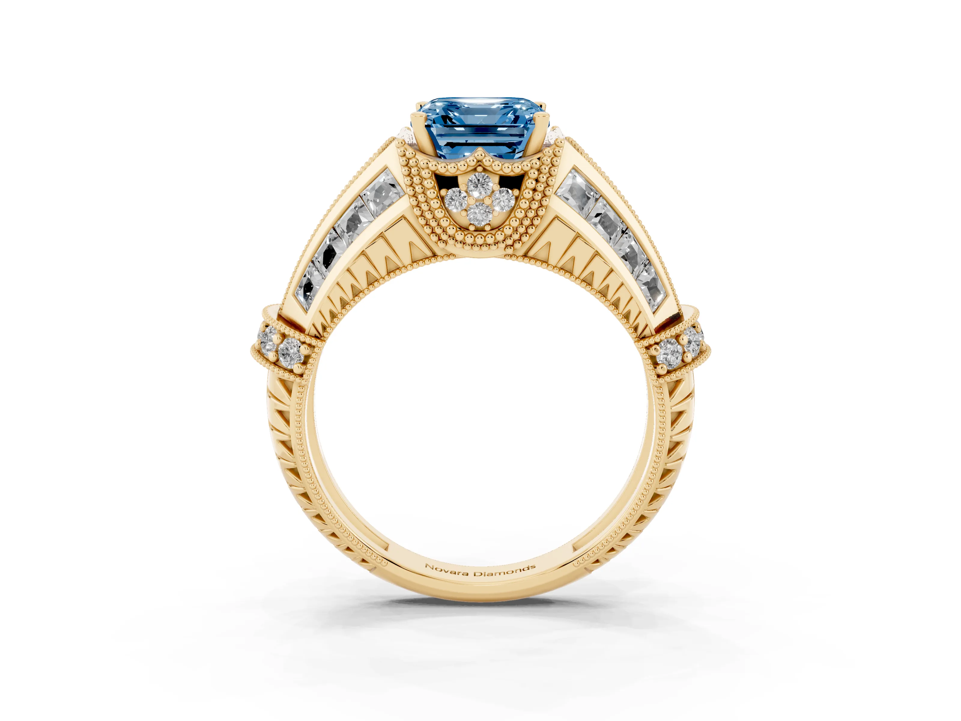 Fancy Blue Asscher Cut Diamond Vintage-Inspired Milgrain Ring Set in Yellow gold with Accent Split Shank