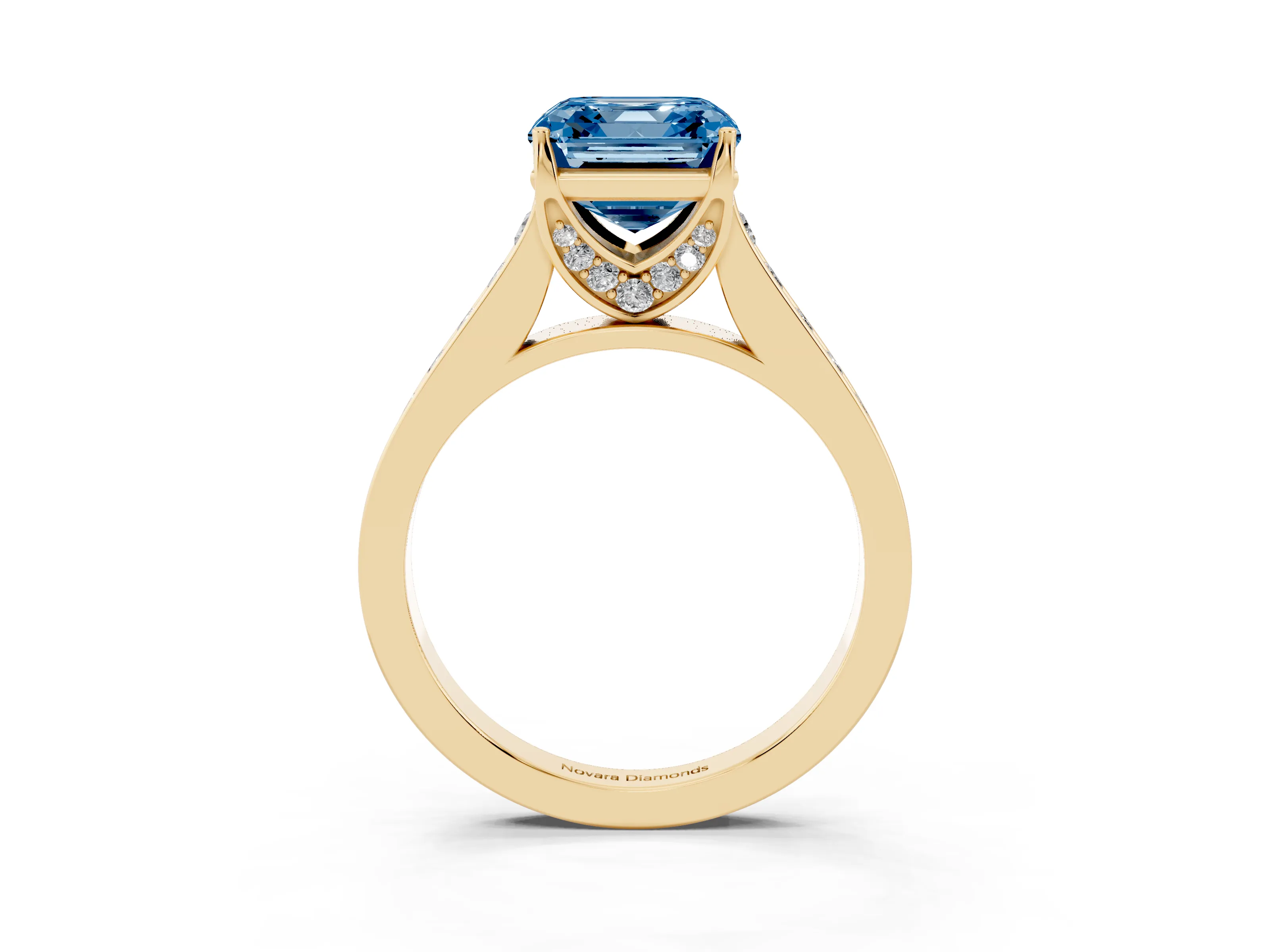 Fancy Blue Asscher Cut Diamond Solitaire Pavé Engagement Ring Set in Yellow gold with Prong Setting