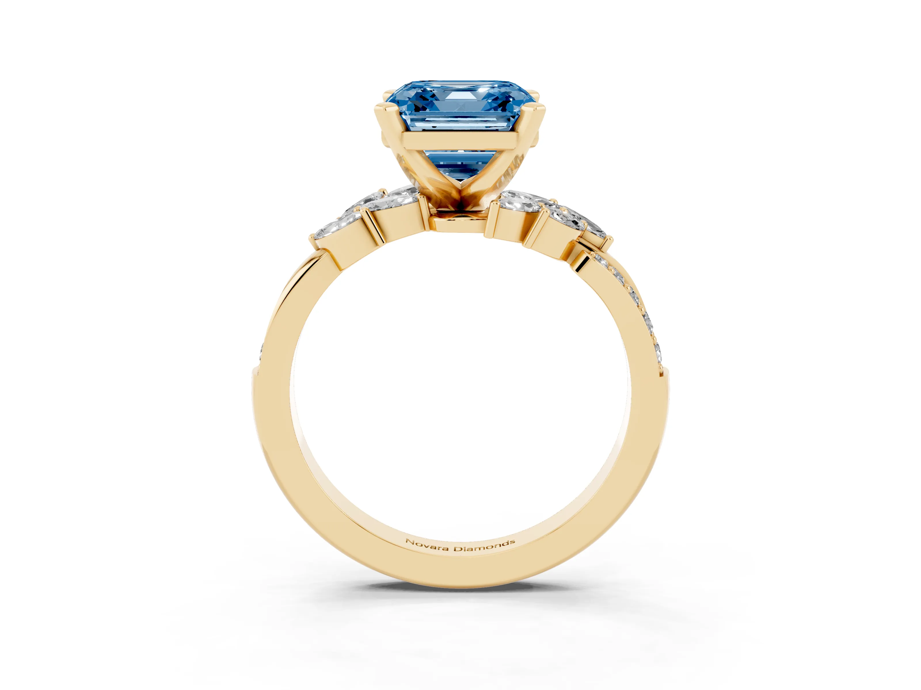 Fancy Blue Asscher Cut Diamond Solitaire Ring Set in Yellow gold with Marquise Twist Band and Prong Setting