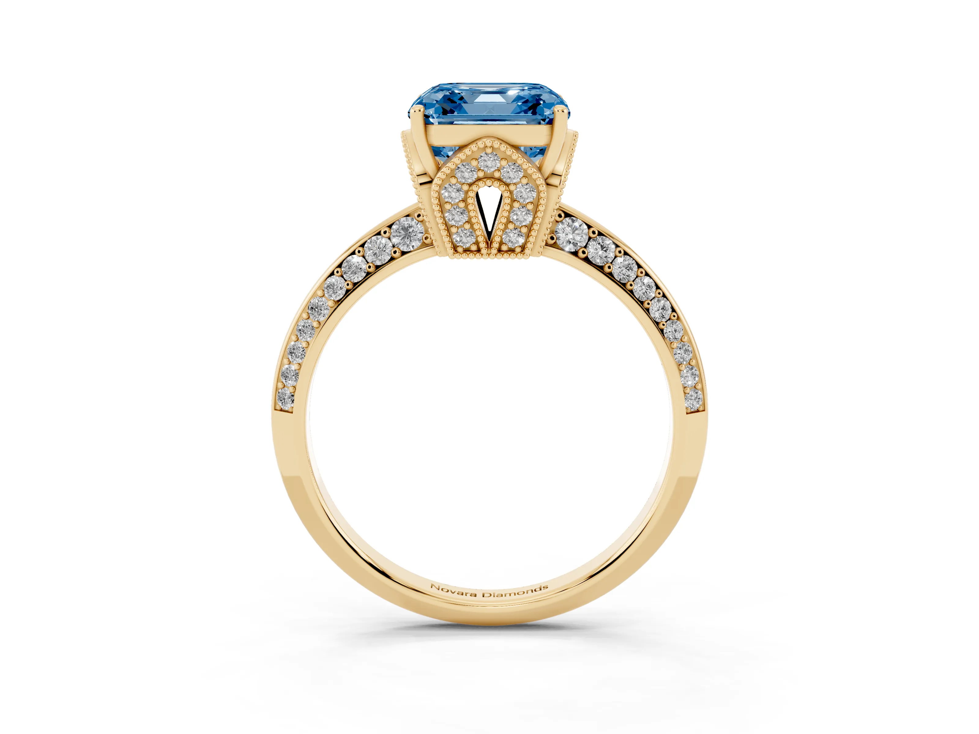 Fancy Blue Asscher Cut Diamond Solitaire Engagement Ring Set in Yellow gold with Pavé Split Shank and Prong Setting