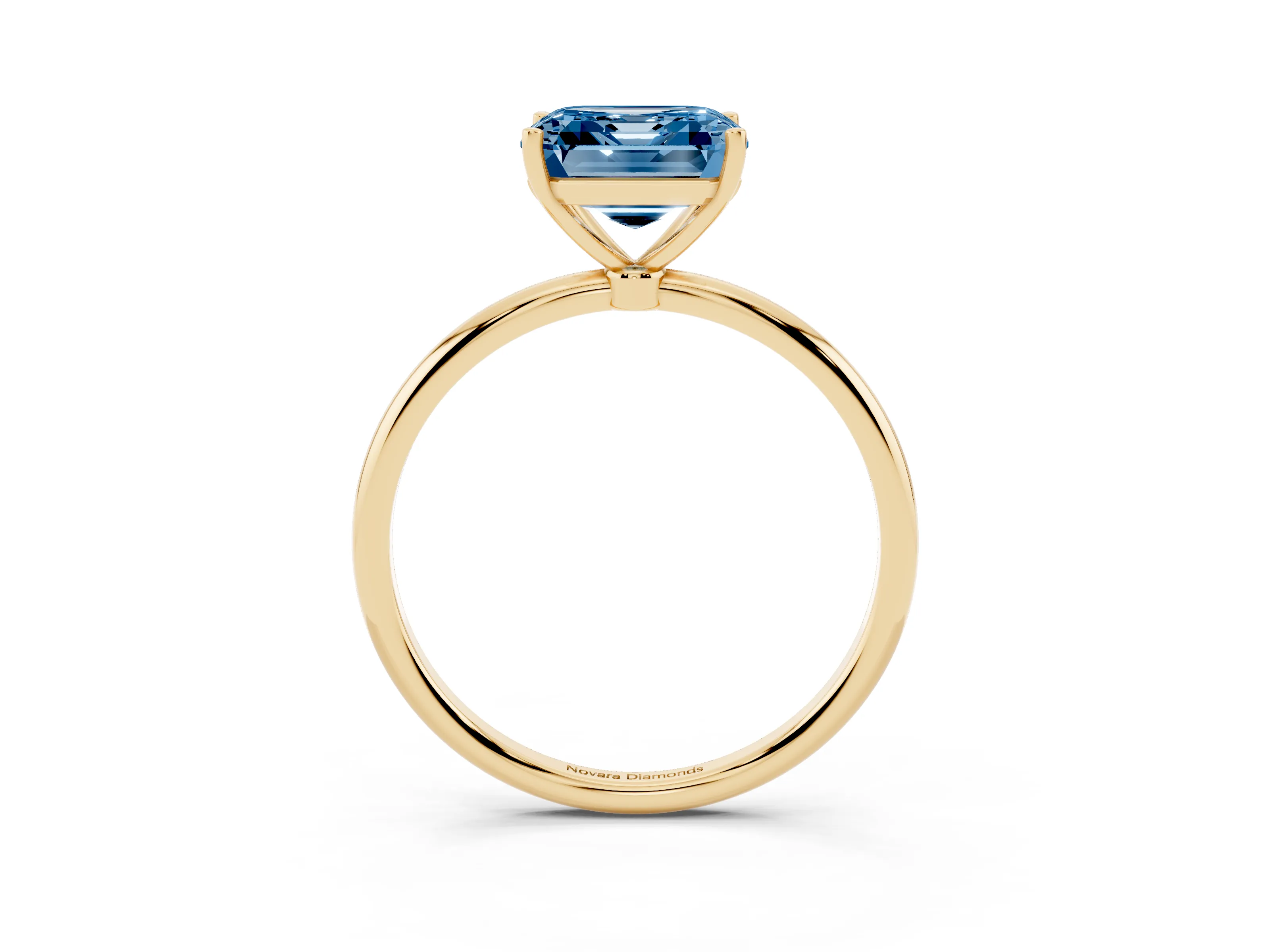 Fancy Blue Asscher Cut Diamond Solitaire Engagement Ring Set in Yellow gold with Thin Band and Prong Setting