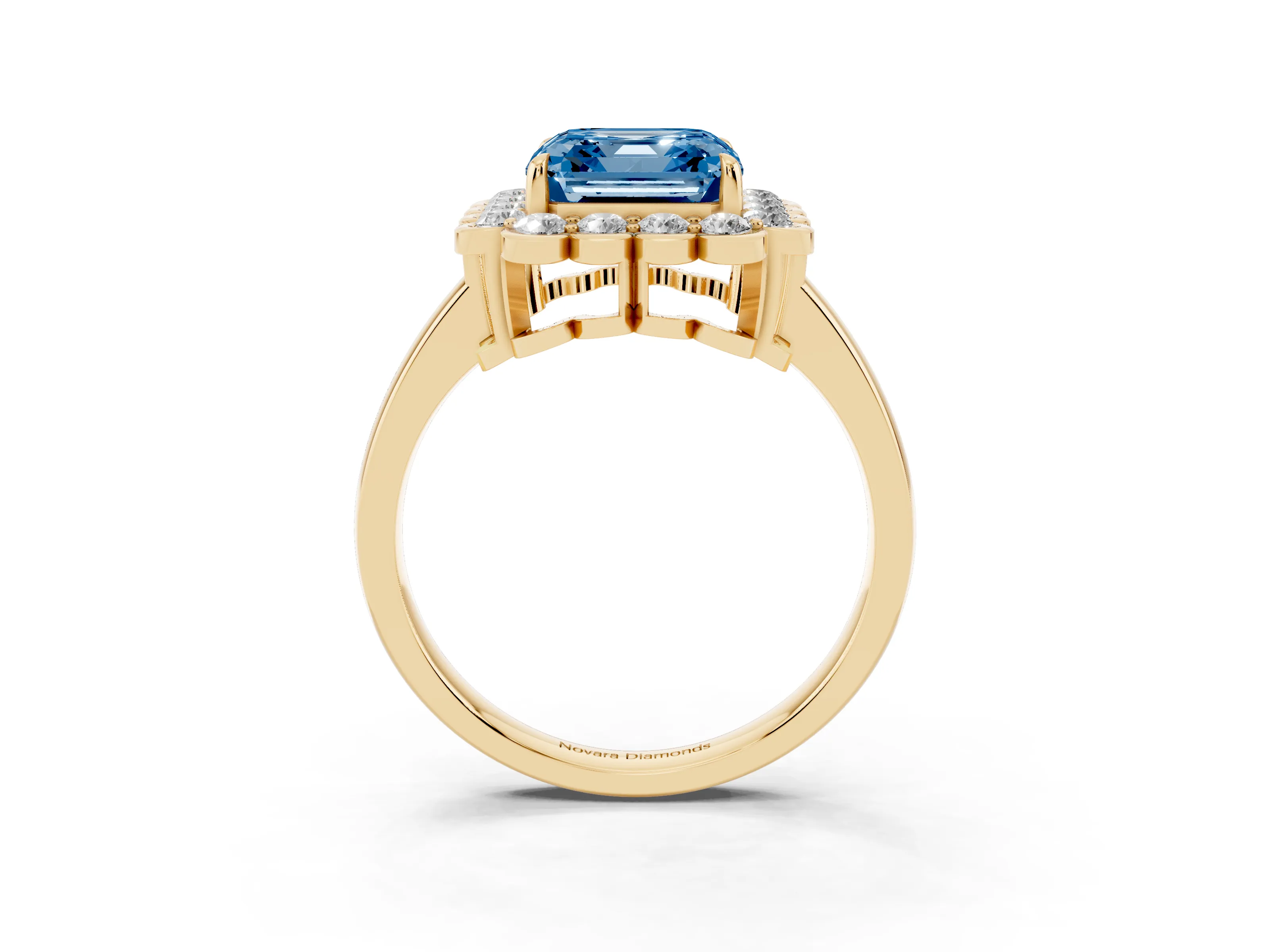 Fancy Blue Asscher Cut Diamond Halo Cluster Engagement Ring Set in Yellow gold with Solitaire Band and Prong Setting