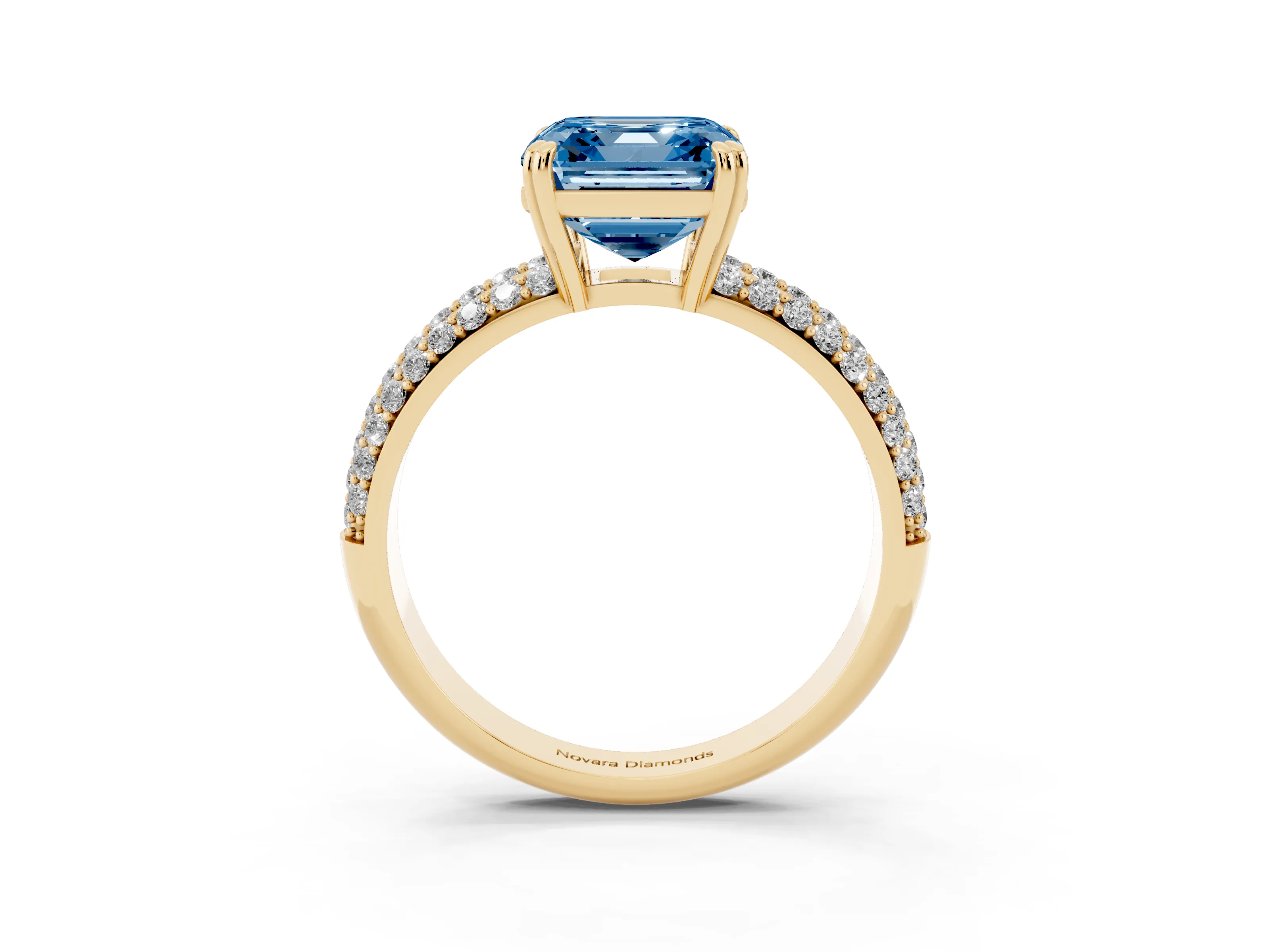 Fancy Blue Asscher Cut Diamond Solitaire Ring Set in Yellow gold with Multi-Row Round Pavé Band and Prong Setting