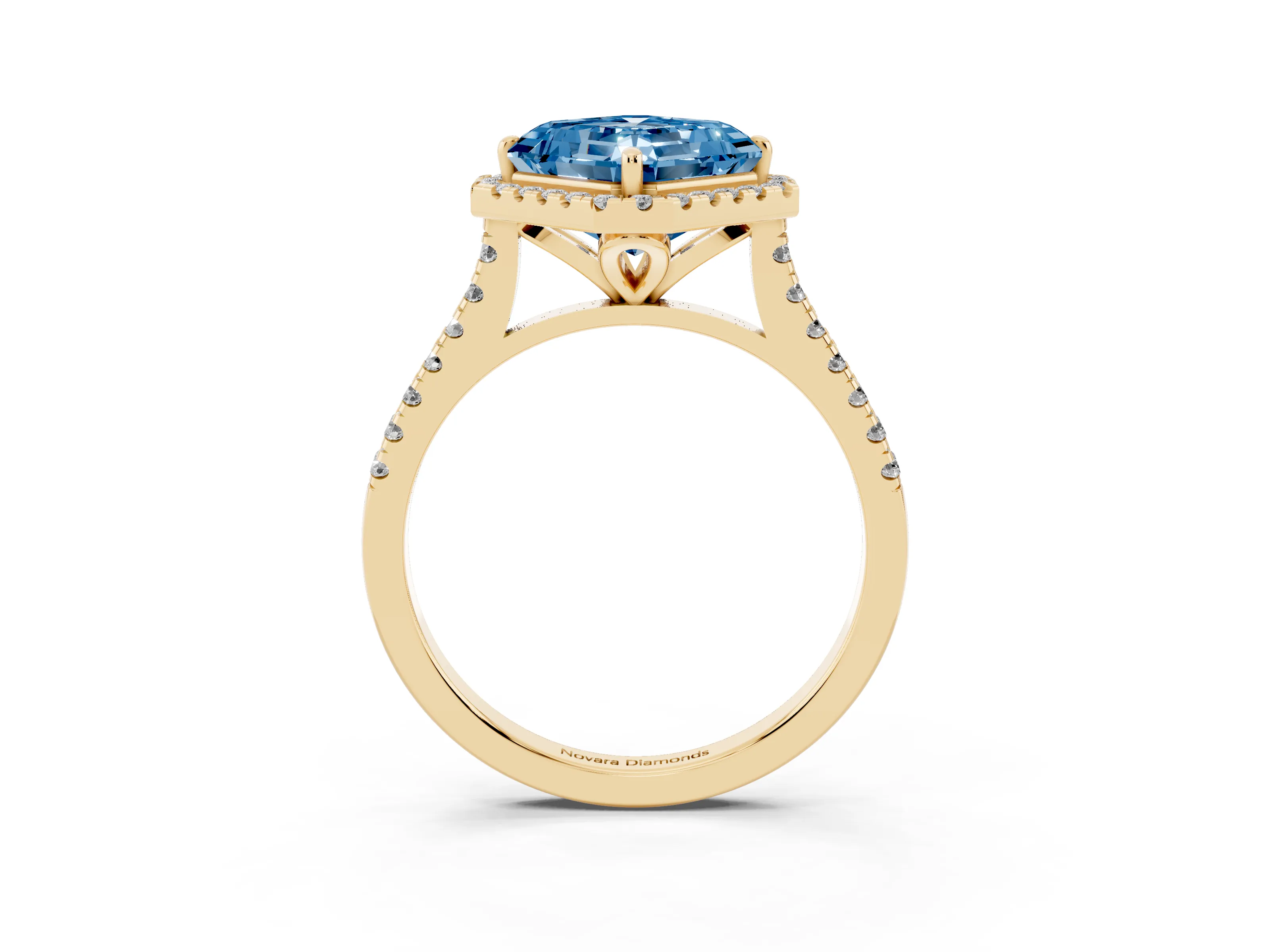 Fancy Blue Asscher Cut Diamond Cushion Halo Ring Set in Yellow gold with Pavé Band