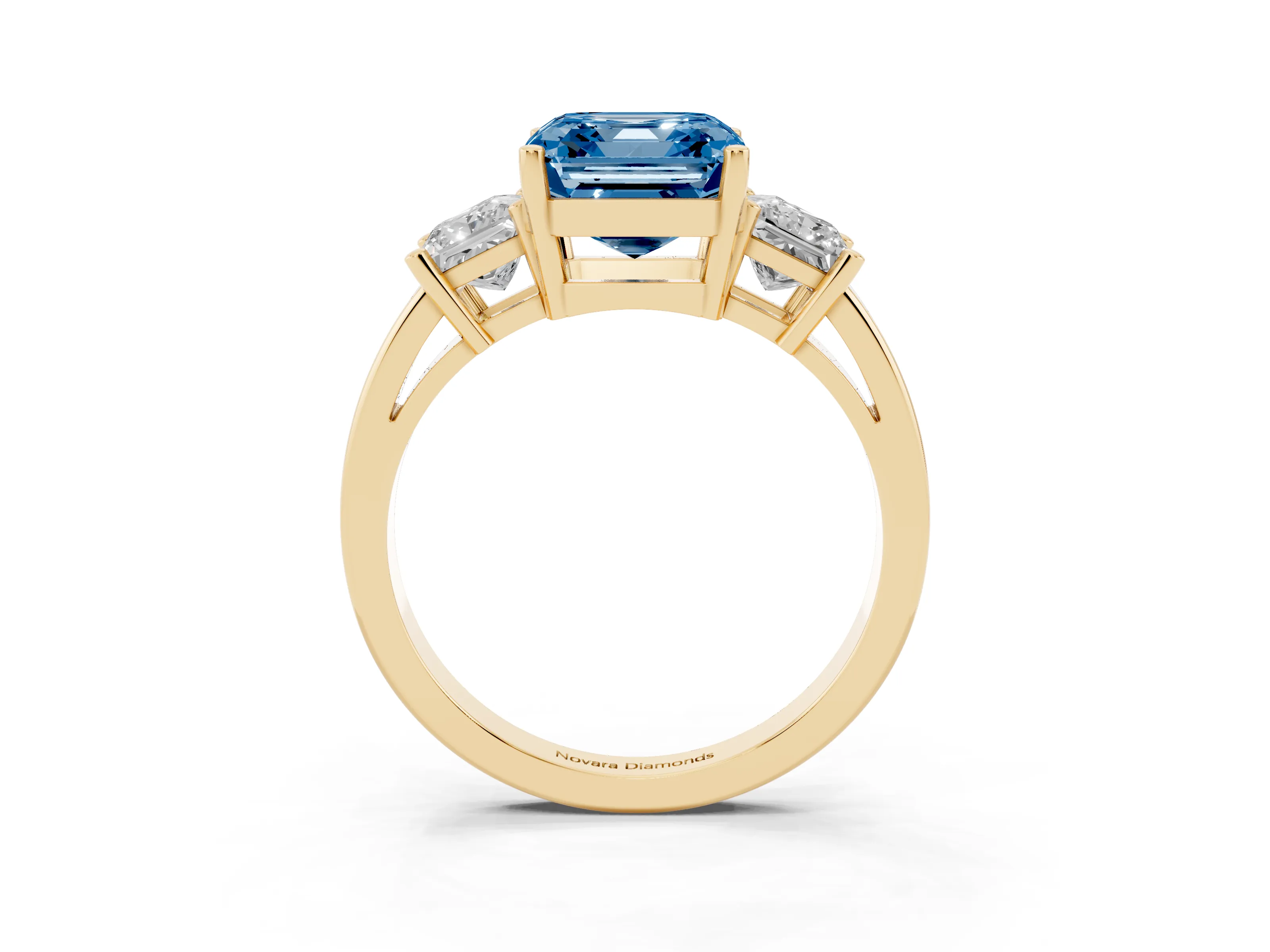 Fancy Blue Three-Stone Asscher Cut Diamond Solitaire Ring Set in Yellow gold with Prong Setting