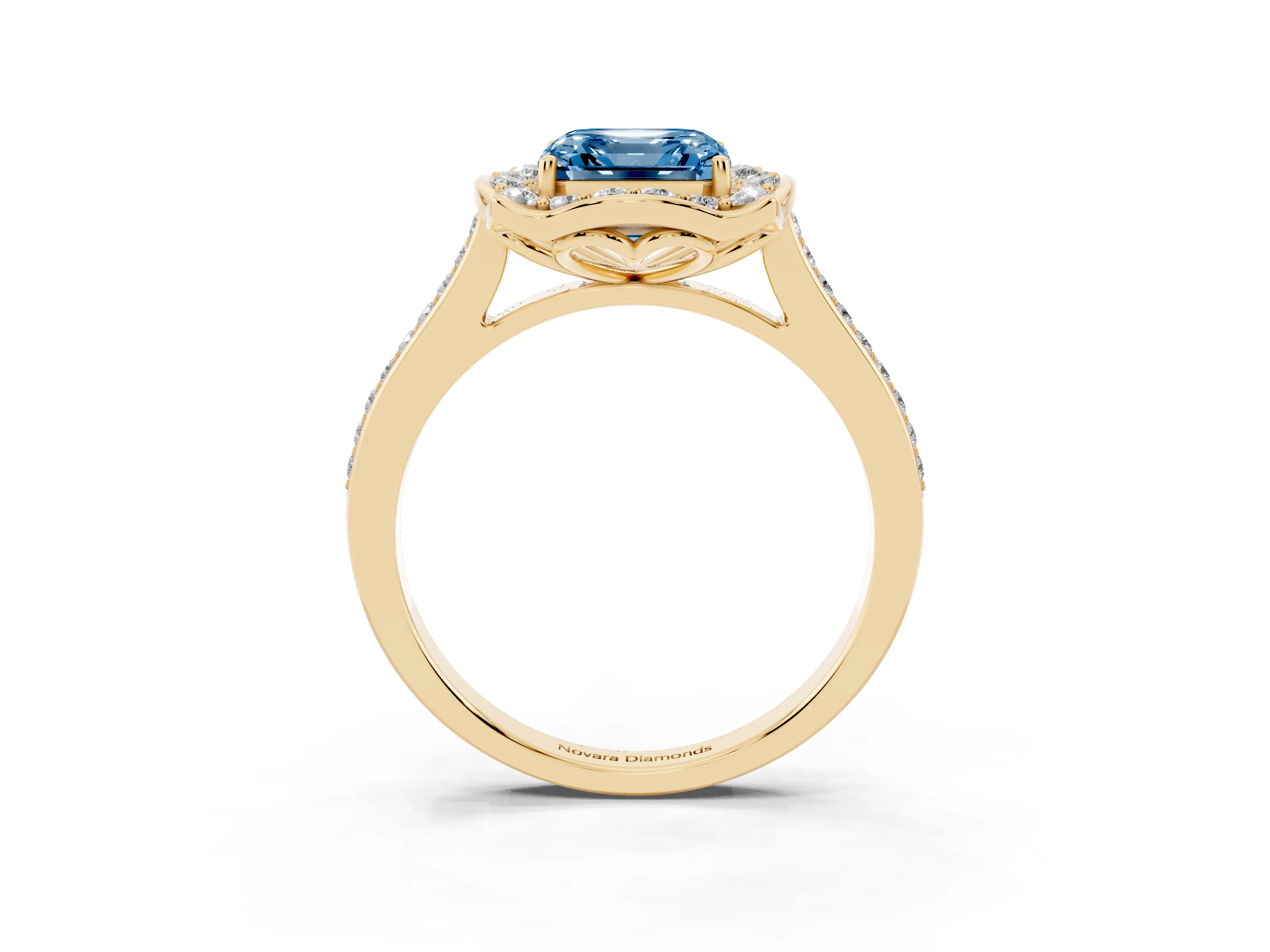 Fancy Blue Asscher Cut Diamond Halo Ring Set in Yellow gold with Pavé-Lined Shoulders and Prong Setting