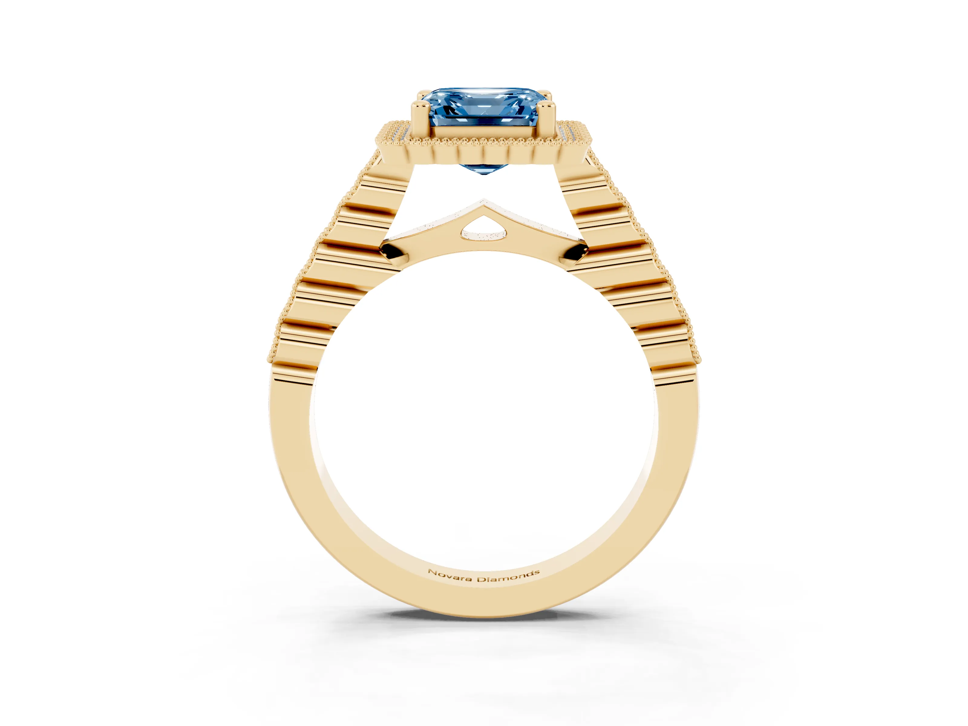 Fancy Blue Asscher Cut Diamond Halo Ring Set in Yellow gold with Pavé Milgrain Band