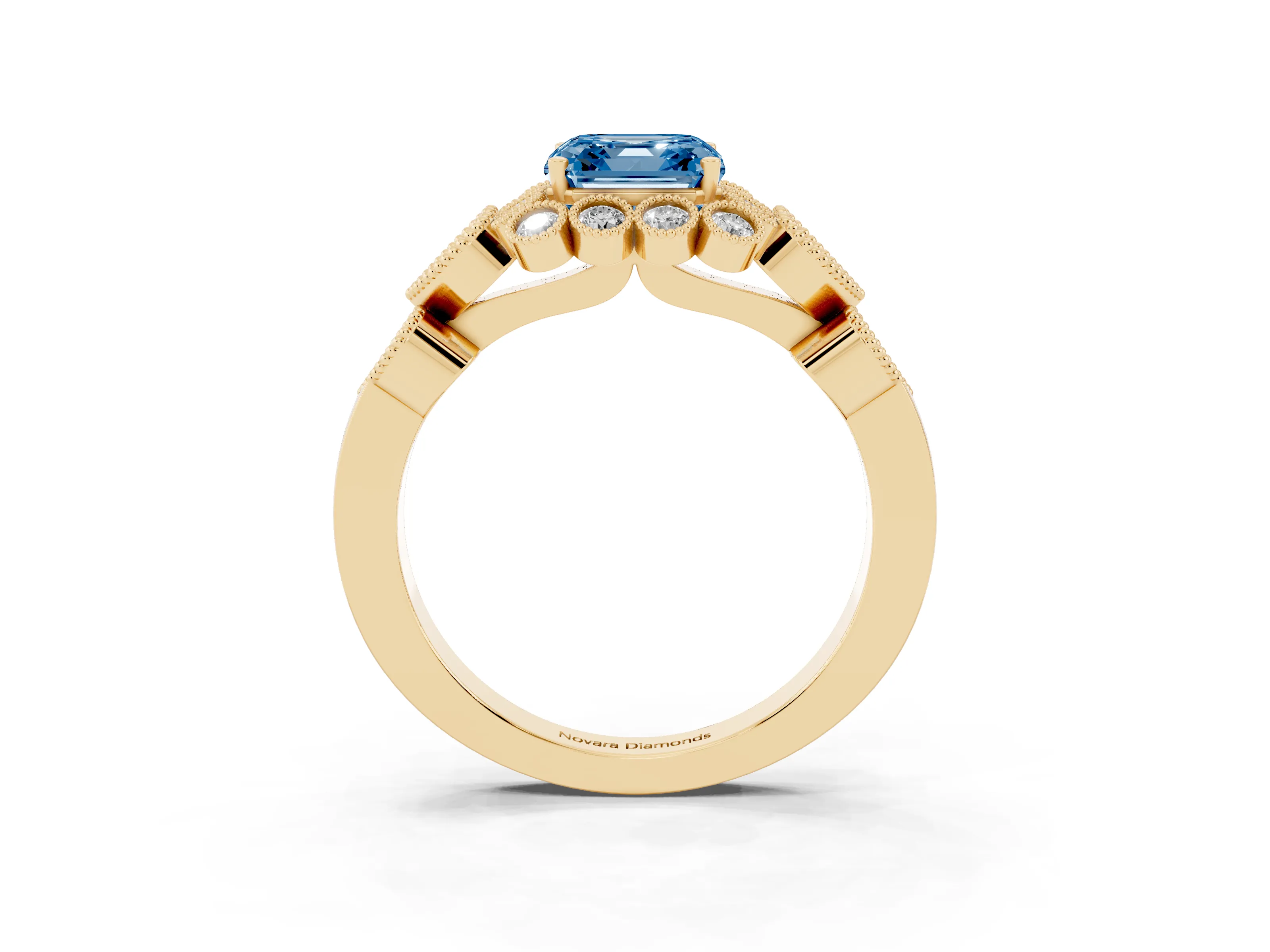 Fancy Blue Asscher Cut Diamond Solitaire Ring Set in Yellow gold with Milgrain Pavé Heart Band
