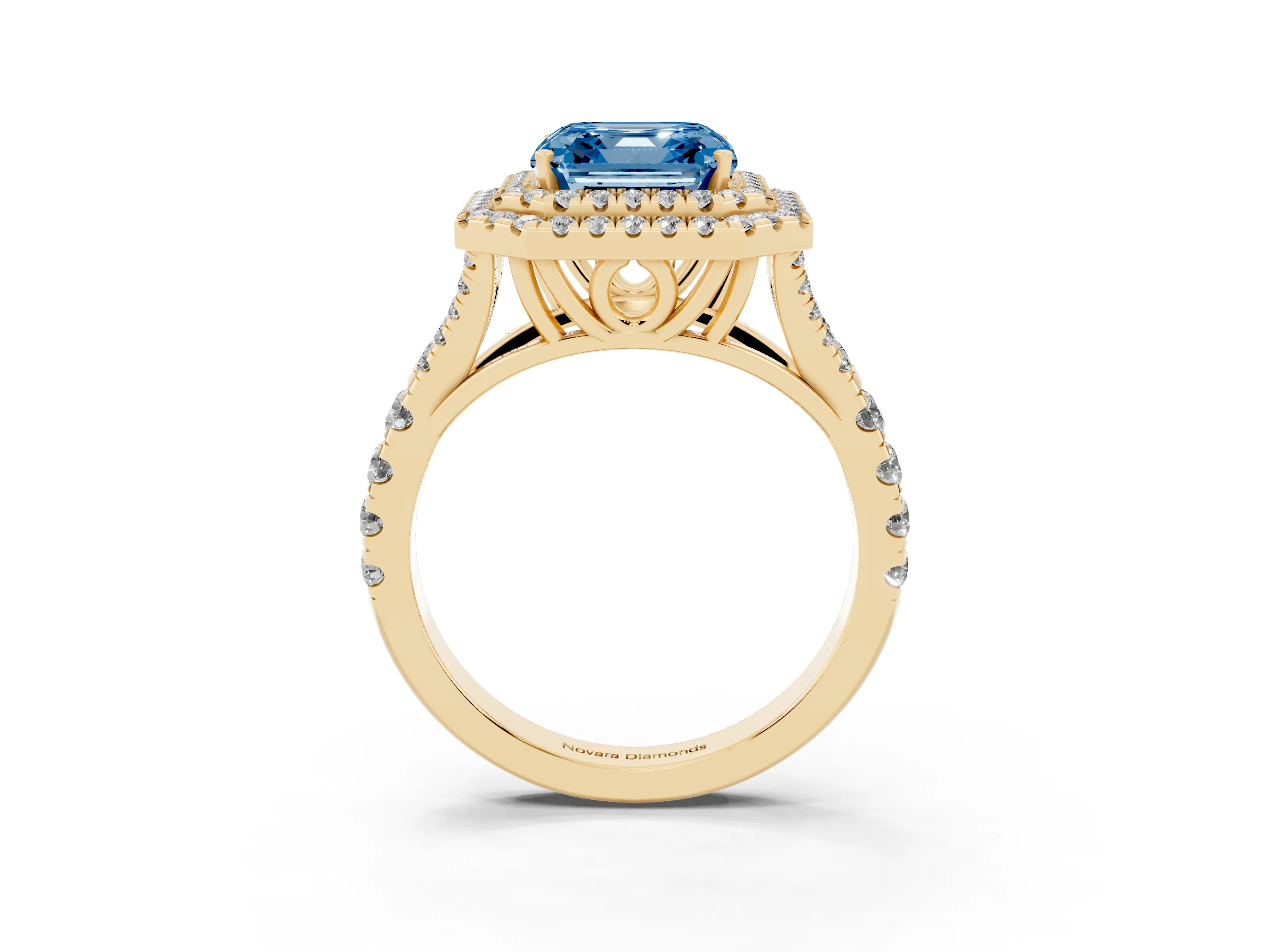 Fancy Blue Asscher Cut Diamond Pavé Split Shank Double Halo Engagement Ring Set in Yellow gold