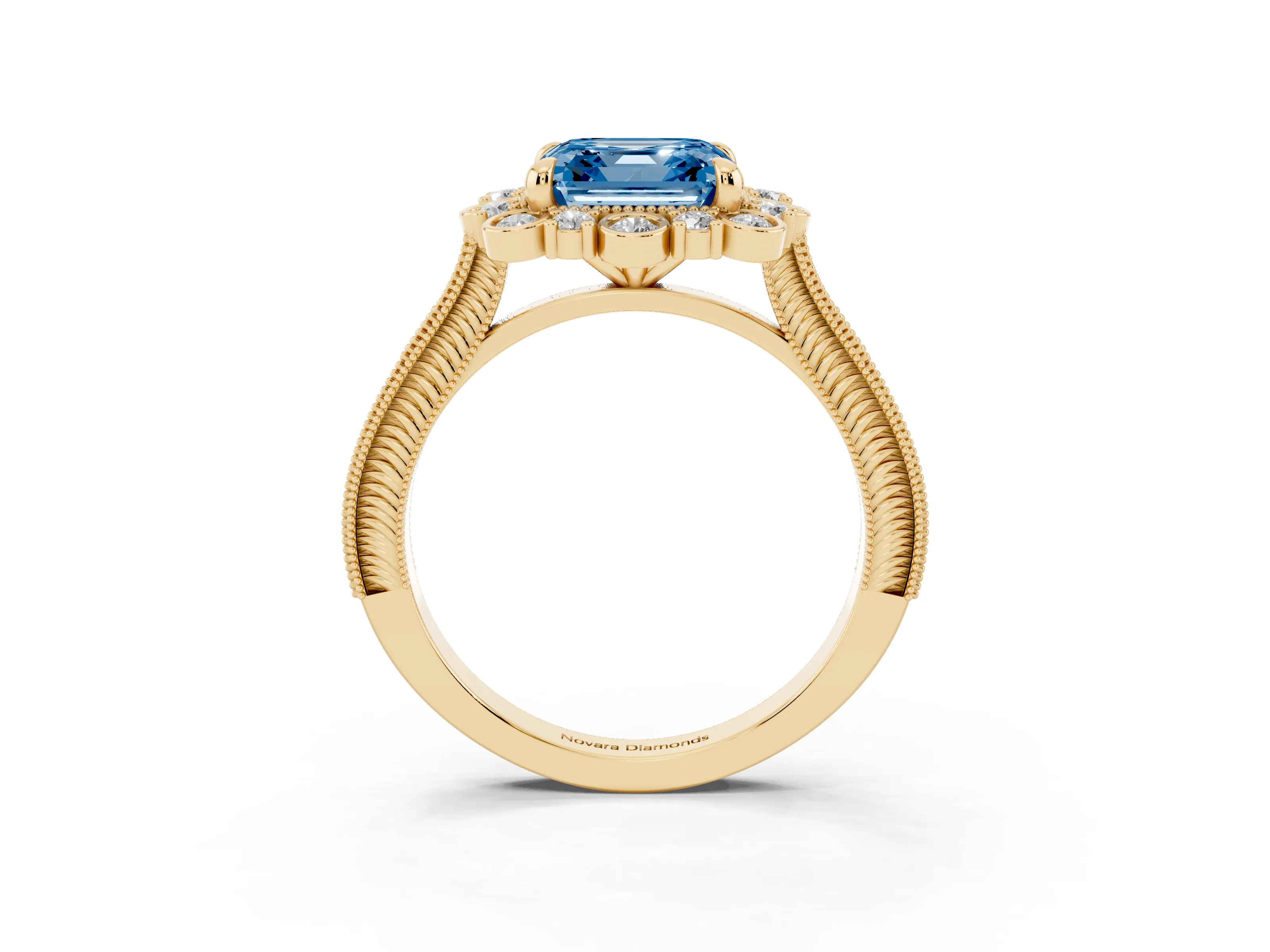 Fancy Blue Asscher Cut Diamond Halo Milgrain Pavé Ring Set in Yellow gold with Prong Setting