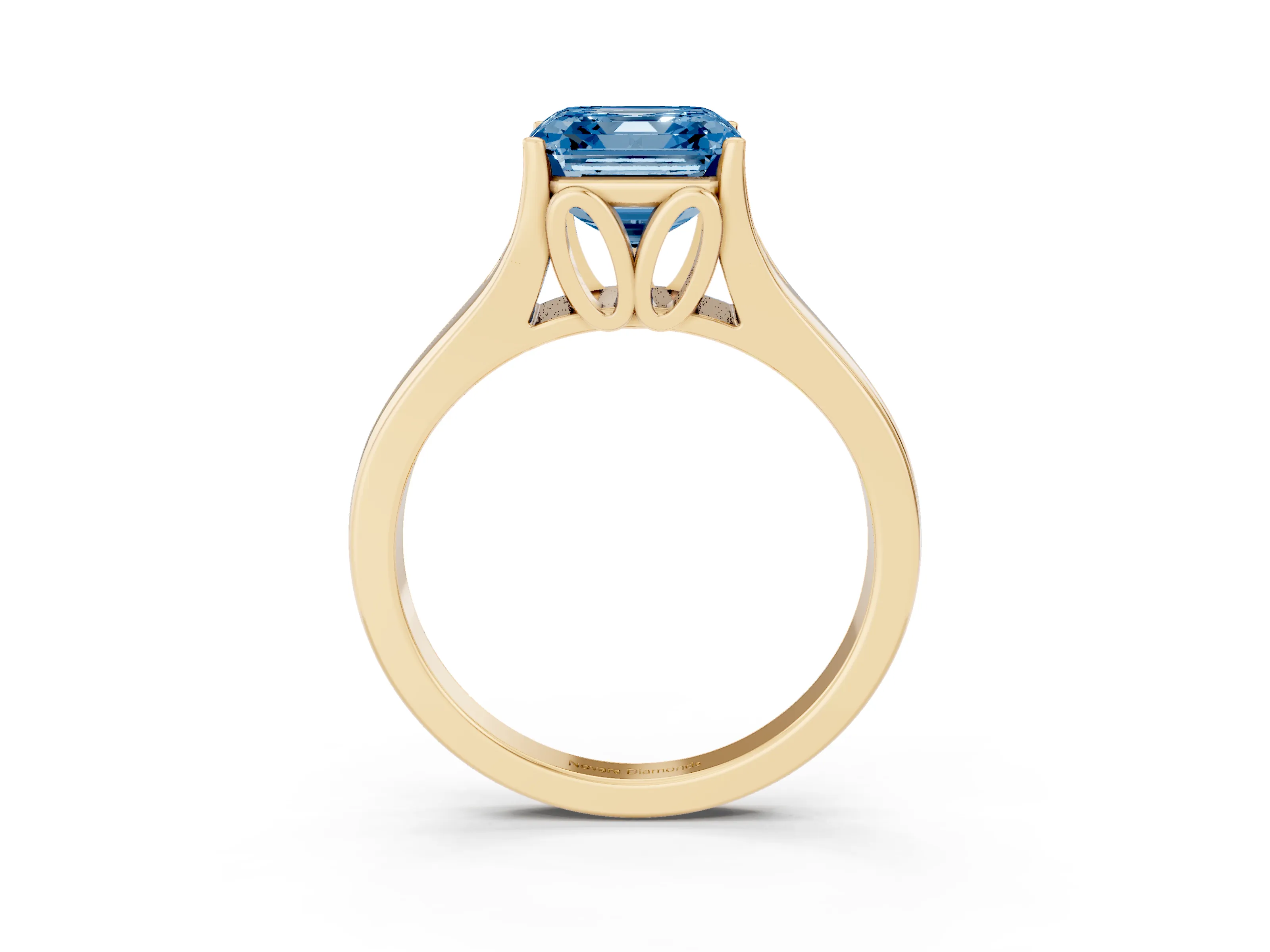 Fancy Blue Asscher Cut Diamond Solitaire Ring Set in Yellow gold with Arched Cathedral Band and Prong Setting