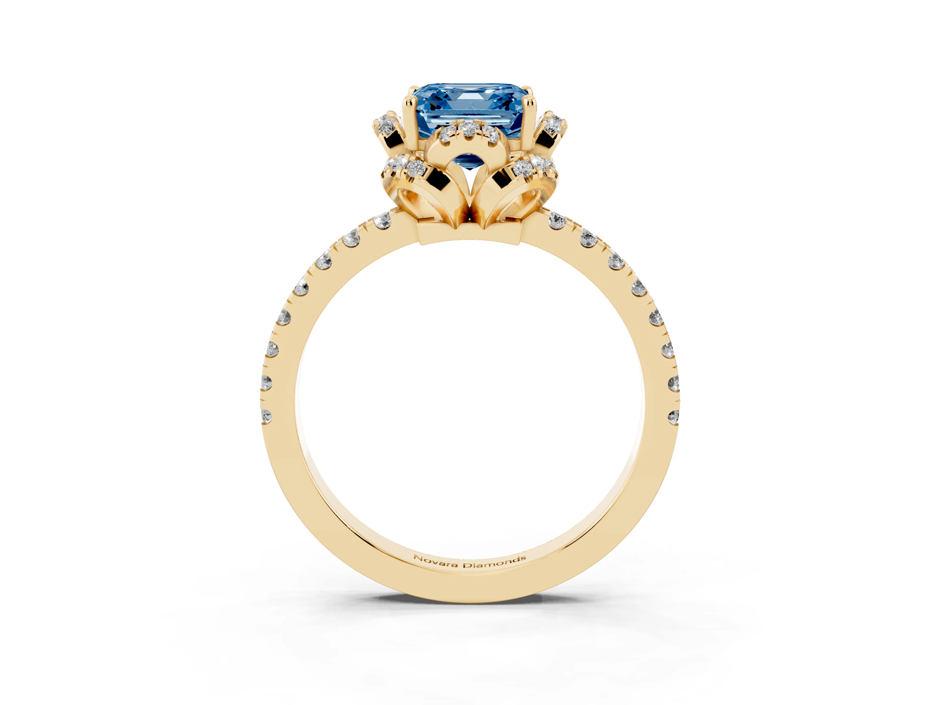 Fancy Blue Asscher Cut Diamond Halo Pavé Ring Set in Yellow gold with Prong-Held Center Stone