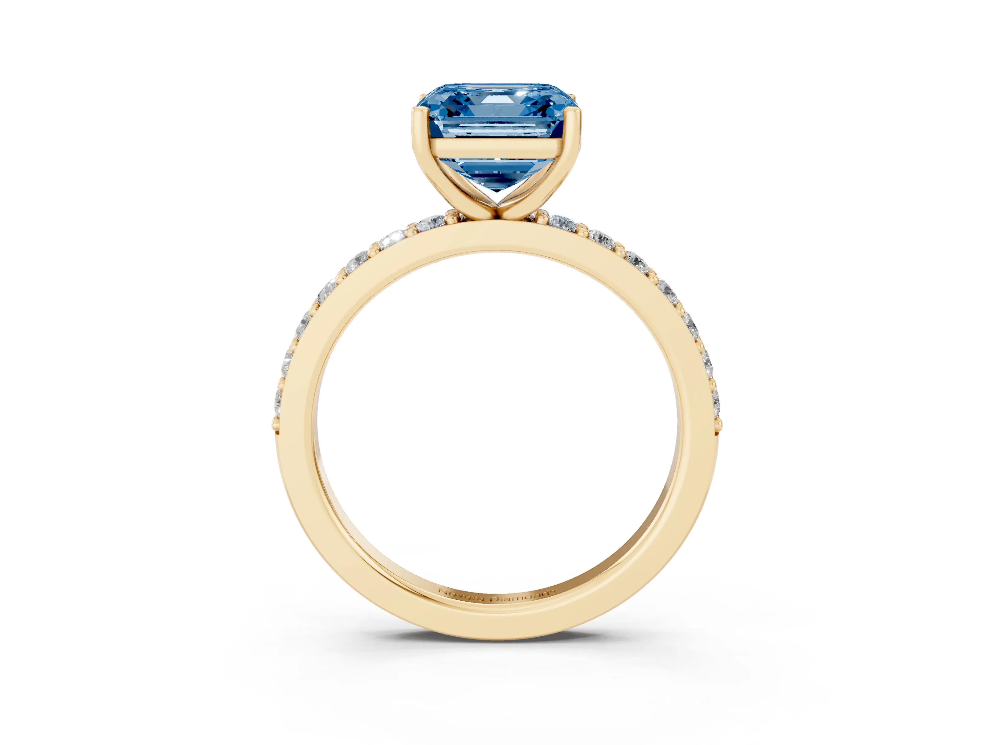 Fancy Blue Asscher Cut Diamond Solitaire Set in Yellow gold with Round Pavé Band and Prong Setting