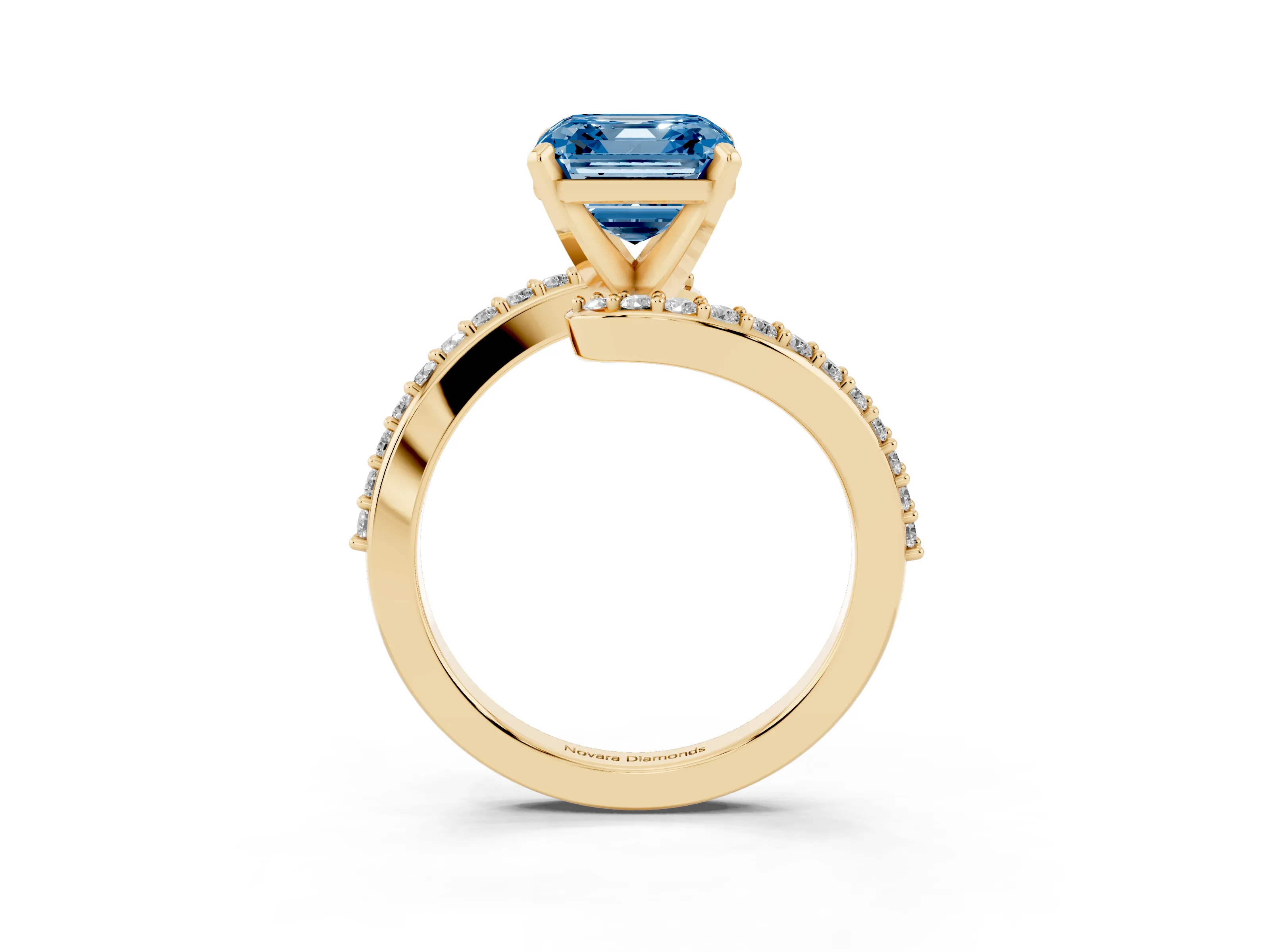 Fancy Blue Asscher Cut Diamond Solitaire Ring Set in Yellow gold with Pavé Twist Band and Prong Setting