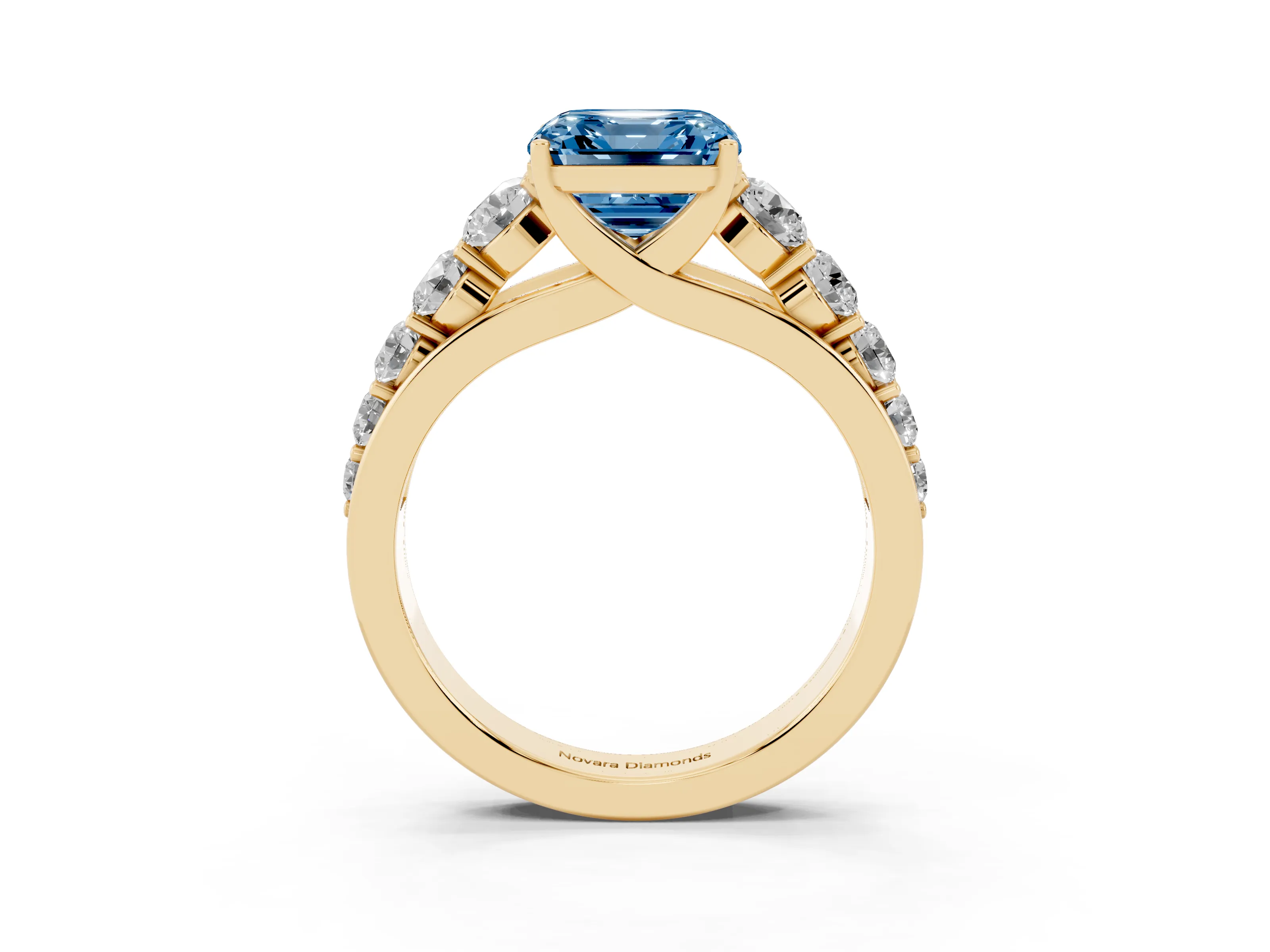Fancy Blue Asscher Cut Diamond Solitaire Ring Set in Yellow gold with Pavé-Set Band and Prong Setting