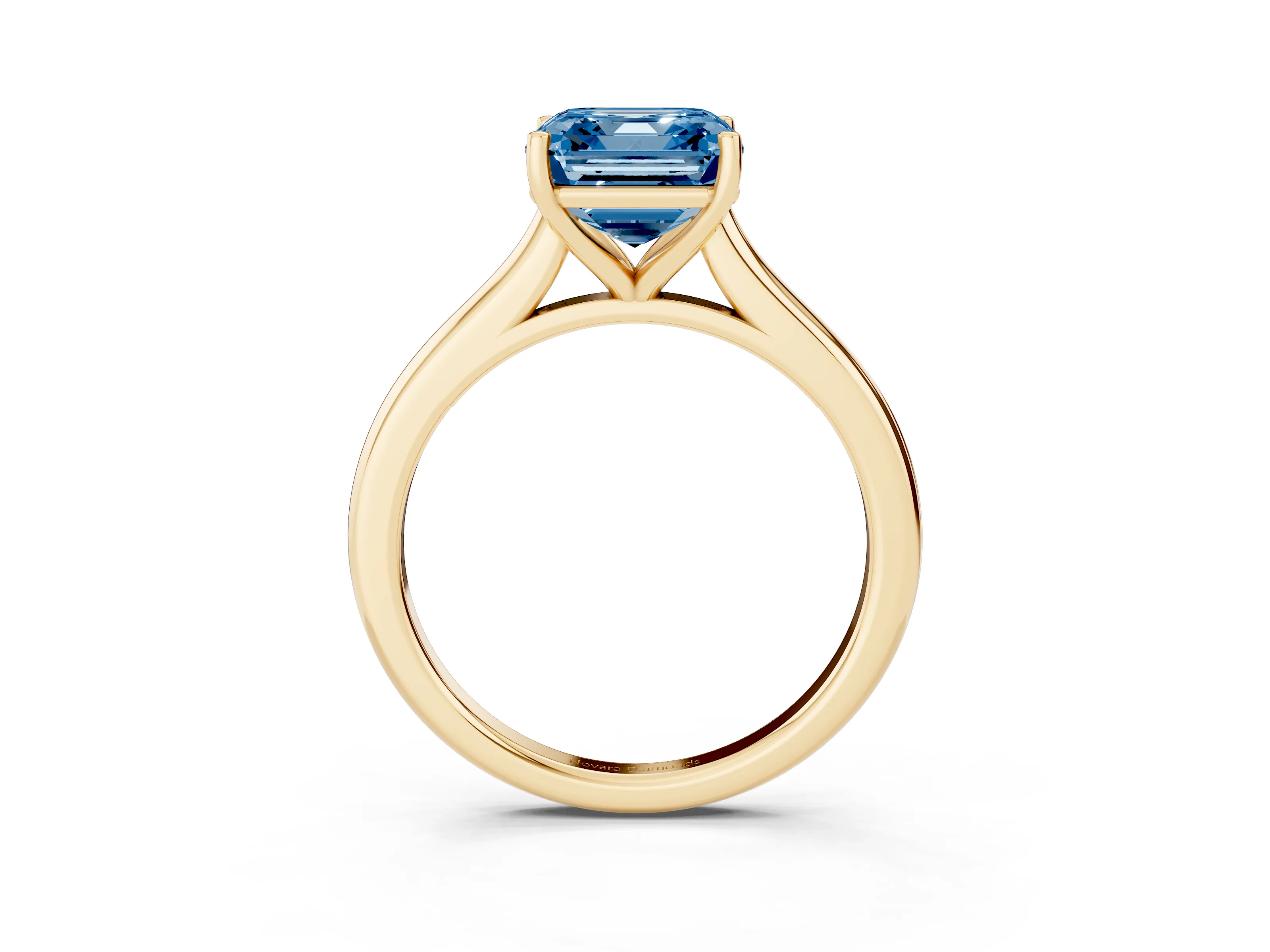 Fancy Blue Asscher Cut Diamond Solitaire Ring Set in Yellow gold with Cathedral Band and Prong Setting